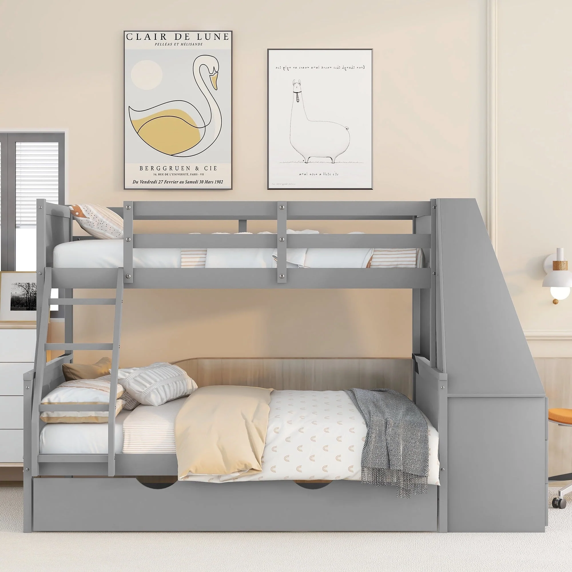 EUROCO Twin over Full Bunk Bed with Trundle, Built-in Desk with Bookcase and 3 Drawers for Kids, Gray