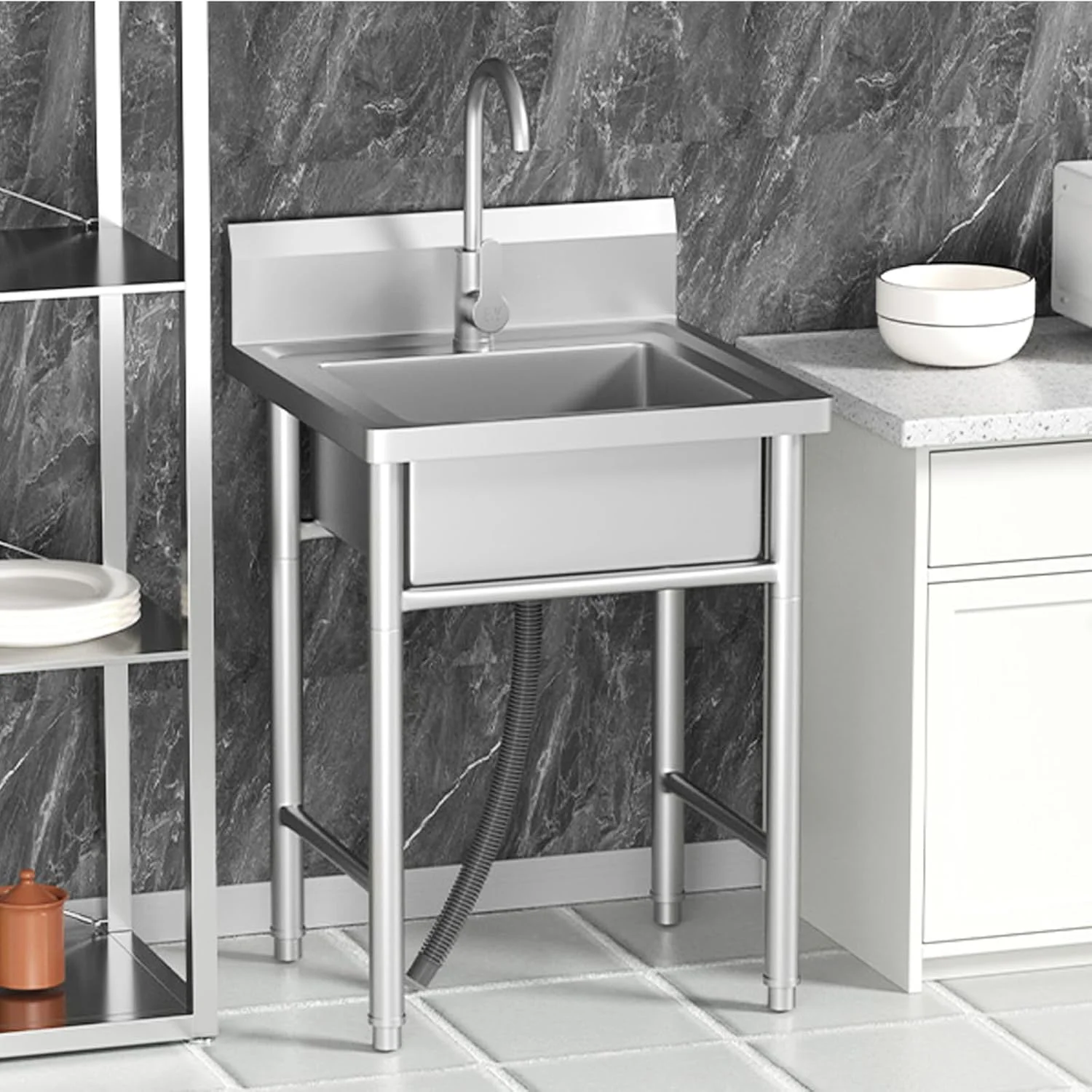 Utility Sink Freestanding Single Bowl Laundry Sink with Shelf board Hot and Cold Water Plumbing Stainless Steel Sink for Restaurant, Laundry Room, Garage, Commercial Kitchen