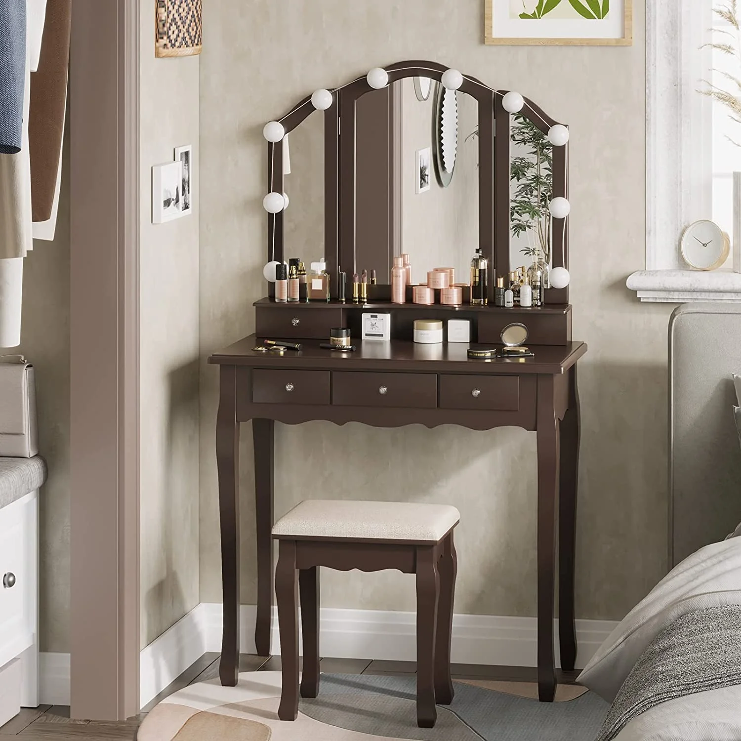 Afuhokles Vanity Table Set with Lighted Tri-Fold Mirror and Stool, Makeup Vanity Dressing Desk 5 Drawers, White