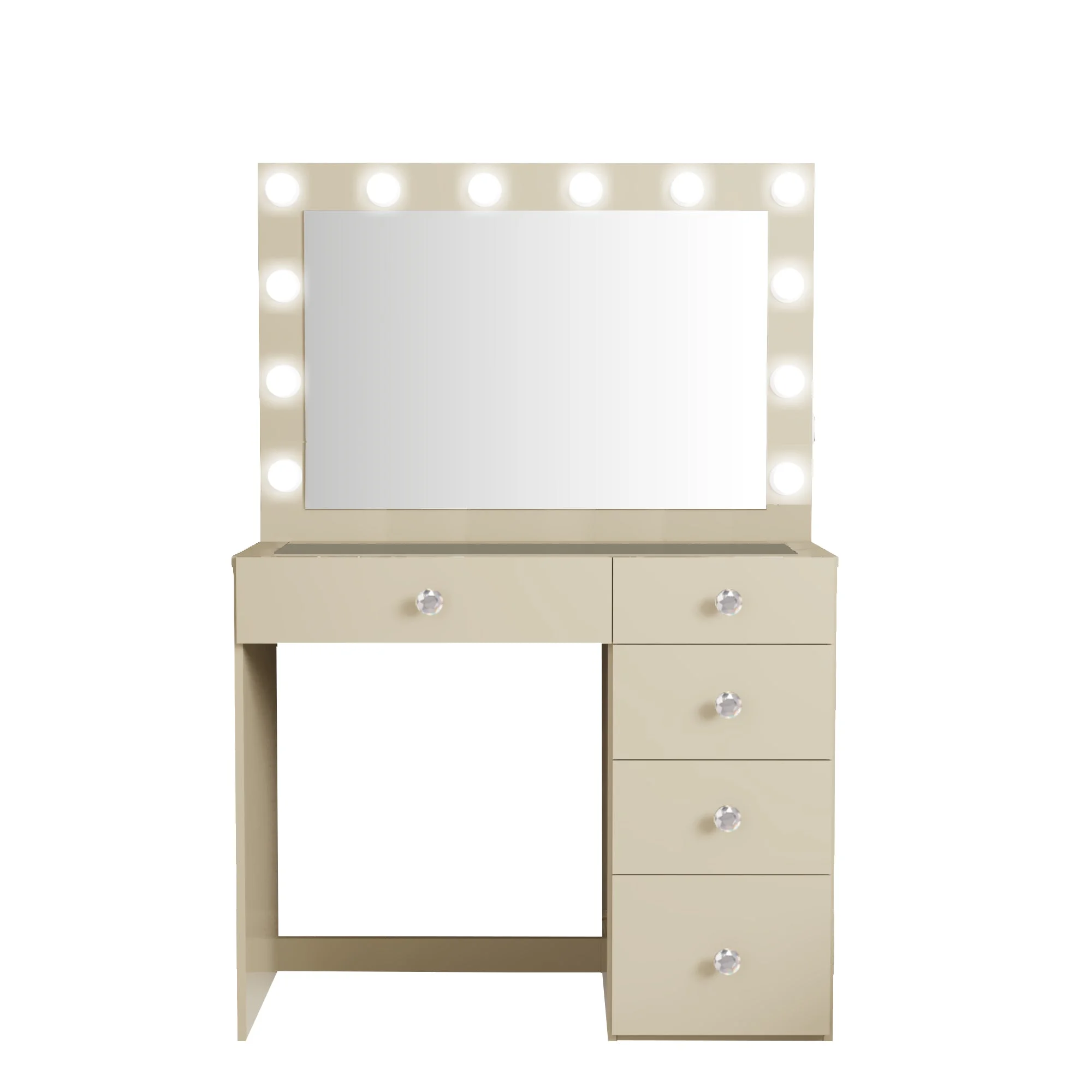 Boahaus Alana White Vanity Desk with LED Lighted Mirror, 5 Drawers, Jewelry Divider, Bluetooth Speakers, and Charging Station