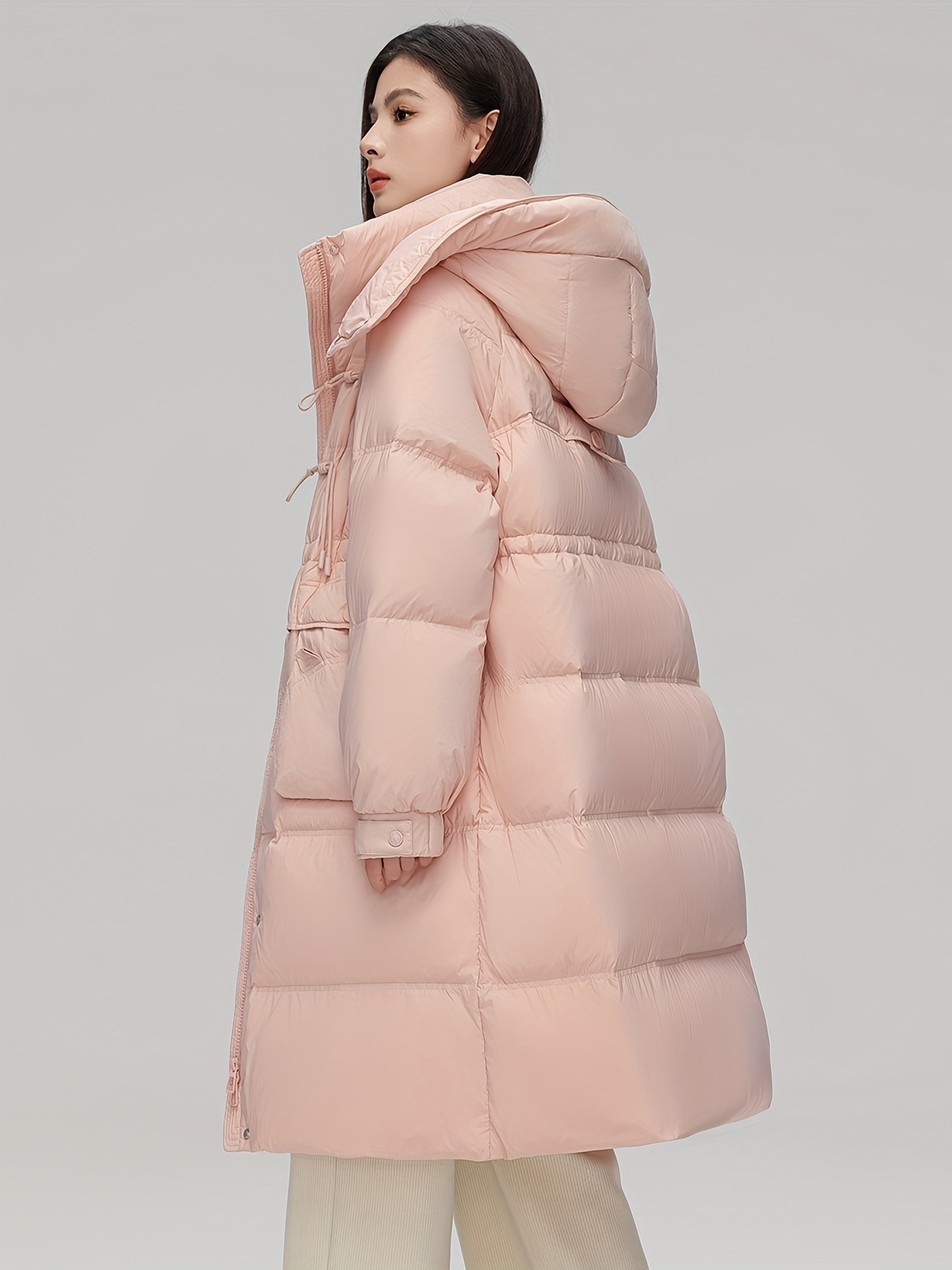 Women’s Mid-Length Down Coat with Detachable Hood, Casual Solid Color Long Sleeve Winter Jacket