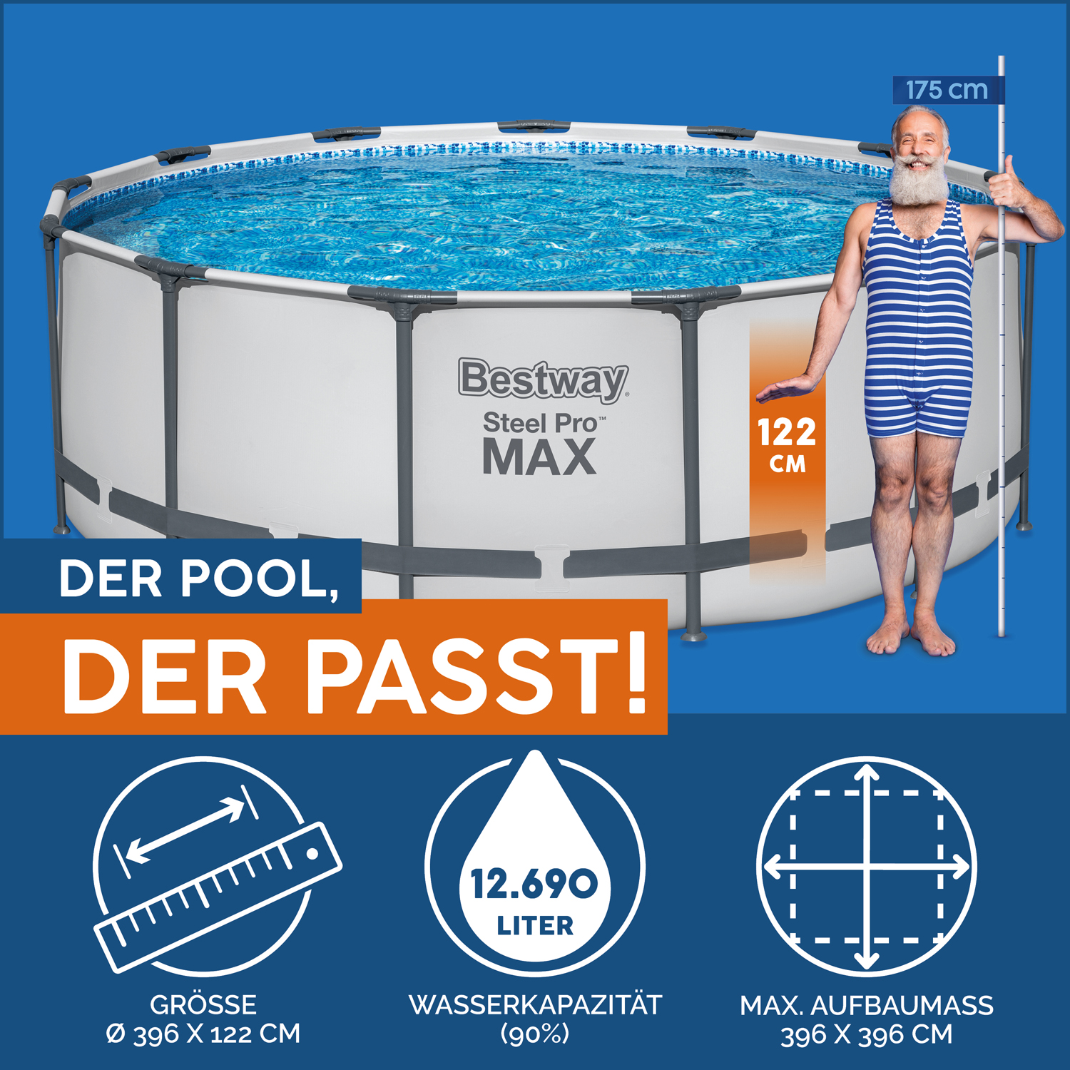 Steel Pro MAX™ Frame Pool Complete set with filter pump Ø 396 x 122 cm, light grey, round