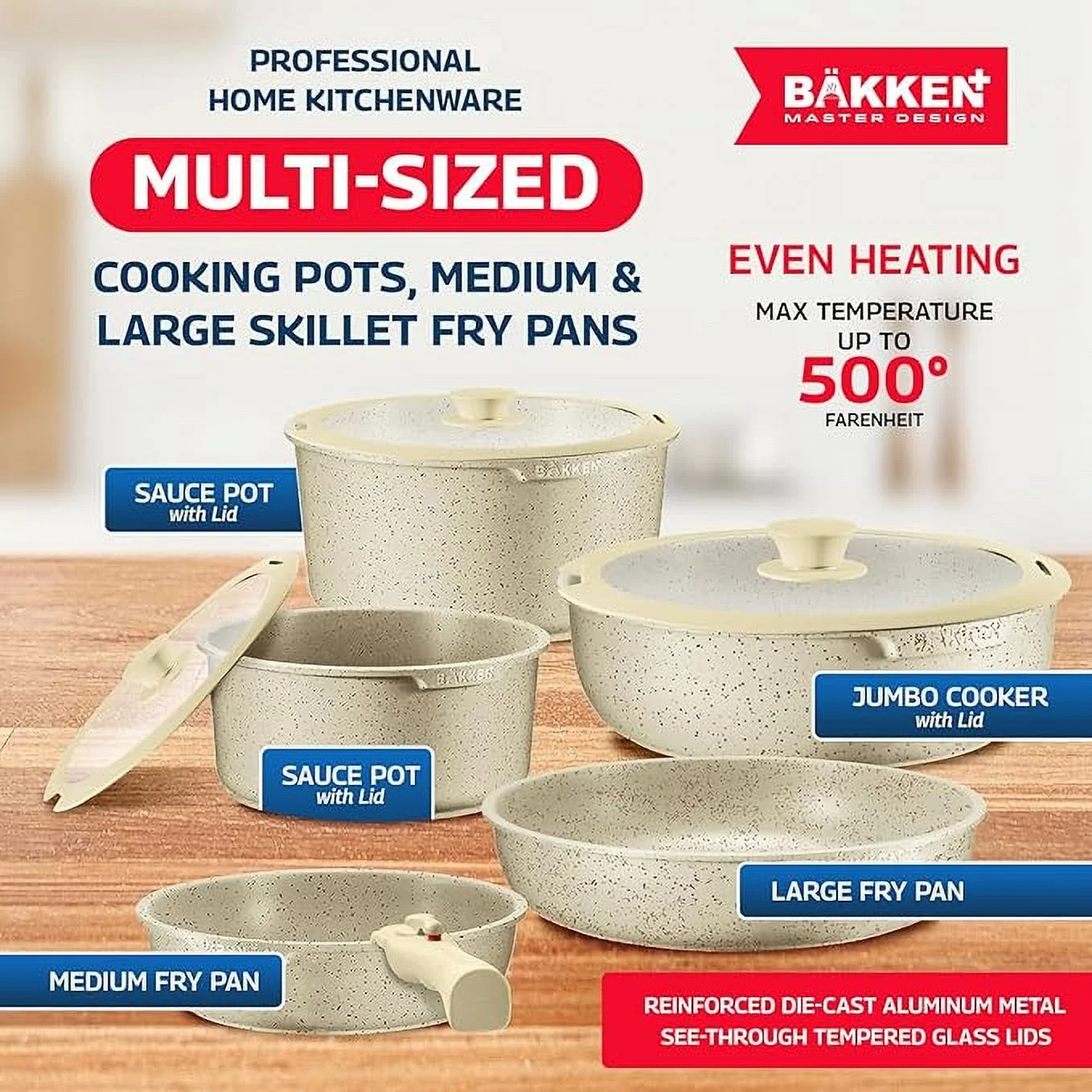 Bakken Master 38 Piece Granite Cookware and Bakeware Set �C Nonstick Granite Coating, Pots and Pans with Detachable Handles and Tempered Glass Lids, 6-piece Bakeware set, 12-piece Mixing Bowls,Brown