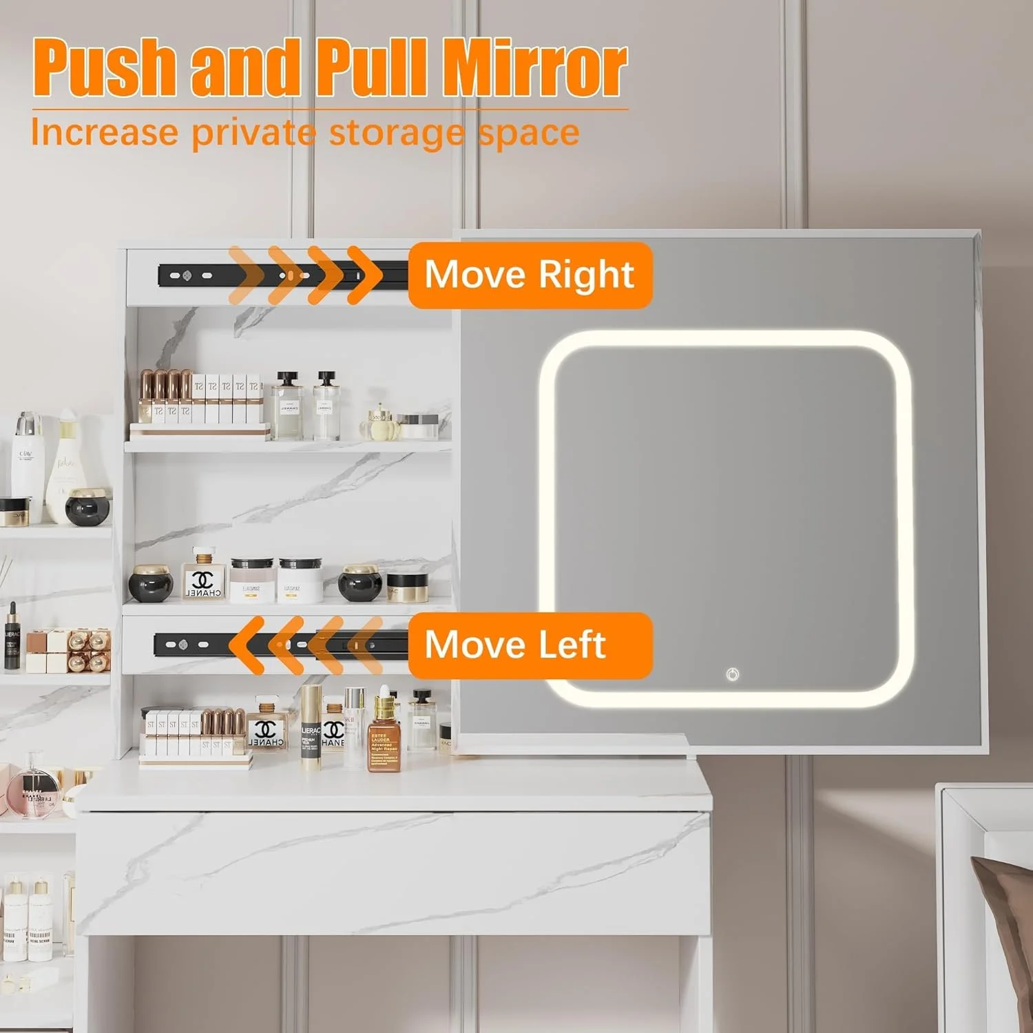 Vanity Desk with Sliding Mirror and Lights, Makeup Vanity Set with Power Outlet, 4 Drawers, Stool, Open Shelves, 3 Color Lighting Modes, Brightness Adjustable, Makeup Dressing Table for Bedroom