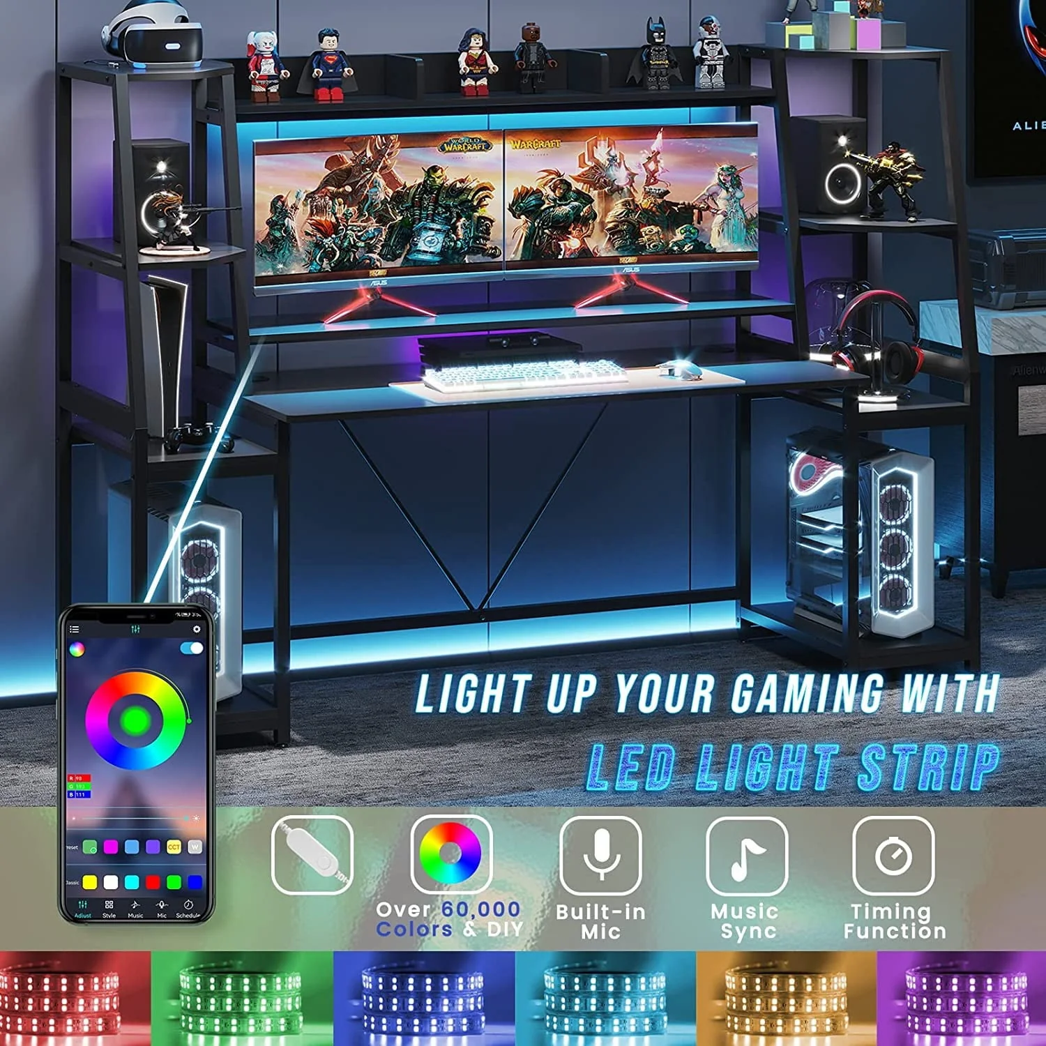 78.8 Inches Gaming Desk with LED Lights, Hutch and Storage Shelves, Ergonomic Computer Desk, Black