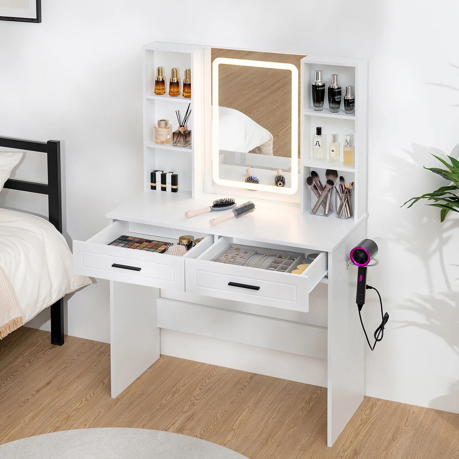Hommpa Vanity, Makeup Vanity with LED Lighted Mirror Vanity Desk with Drawers Vanity Table with Charging Station for Girls Bedroom Storage Shelves, White