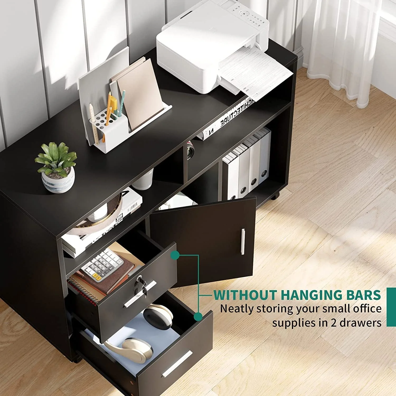 Dextrus 2 Drawer Wood File Cabinet, Mobile Lateral Filing Cabinet with Lock, Printer Stand with Open Storage Shelves for Home Office, Drawers Without Hanging Bars, Black