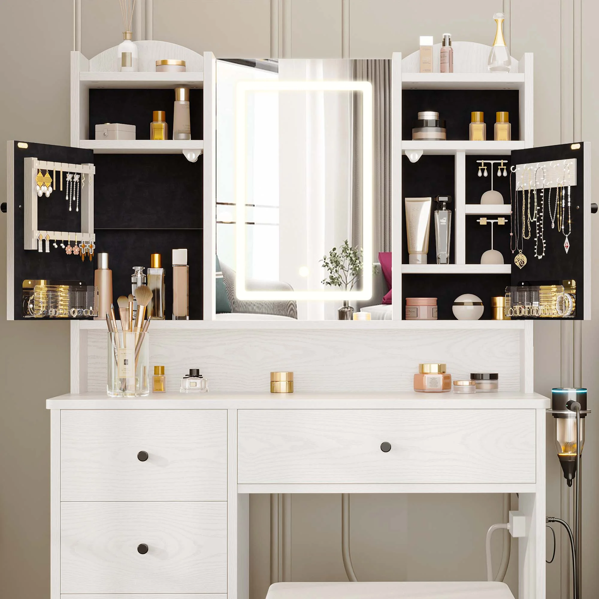 IRONCK White Vanity Set with Mirror and Lights, Makeup Vanity Desk with 5 Drawers & 2 Cabinets & Charging Station