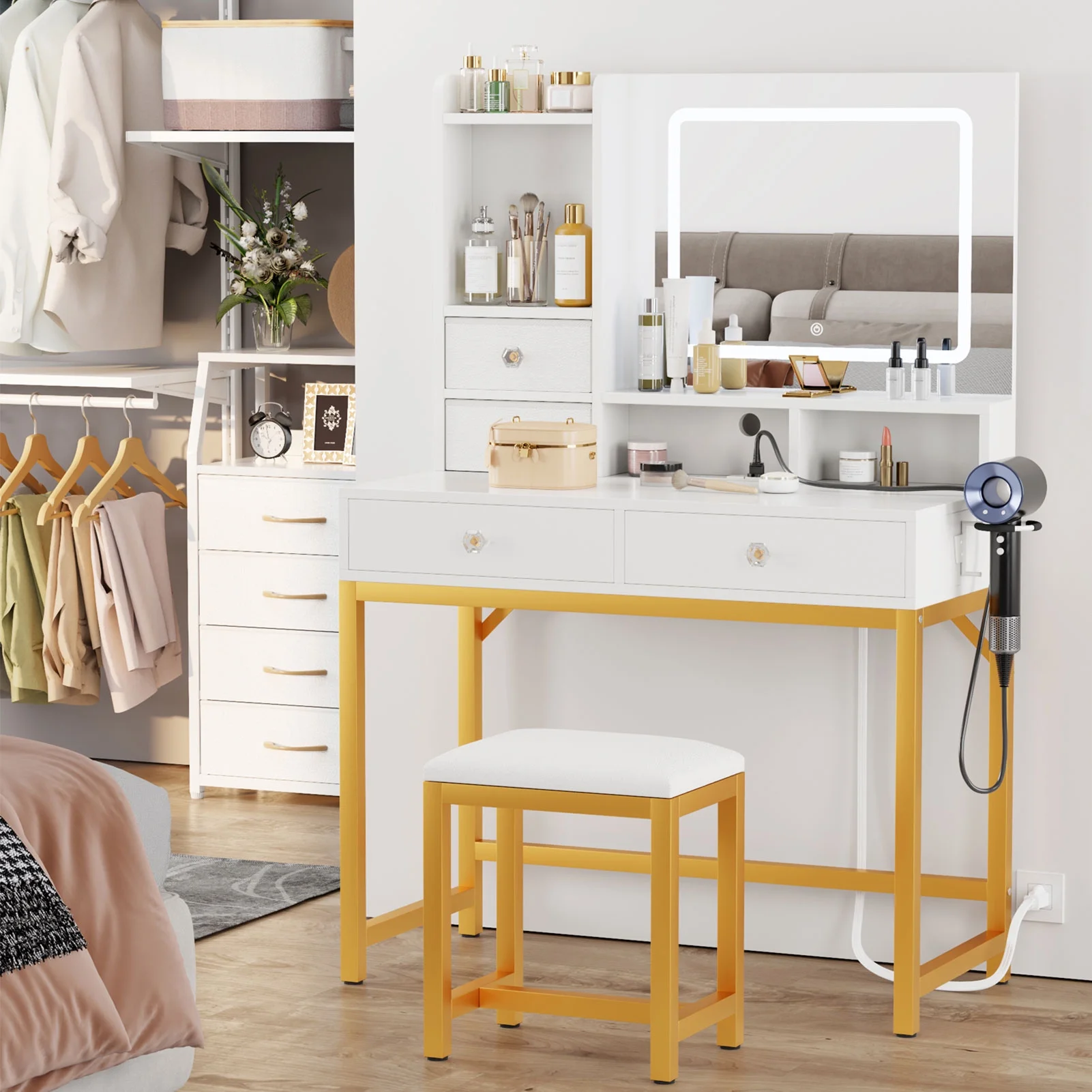 Satifur White Vanity Desk Set with Mirror and Lights, Makeup Table with Charging Station, Comfortable Bench, Big Vanity with 3 Storage Compartments, 39.4in