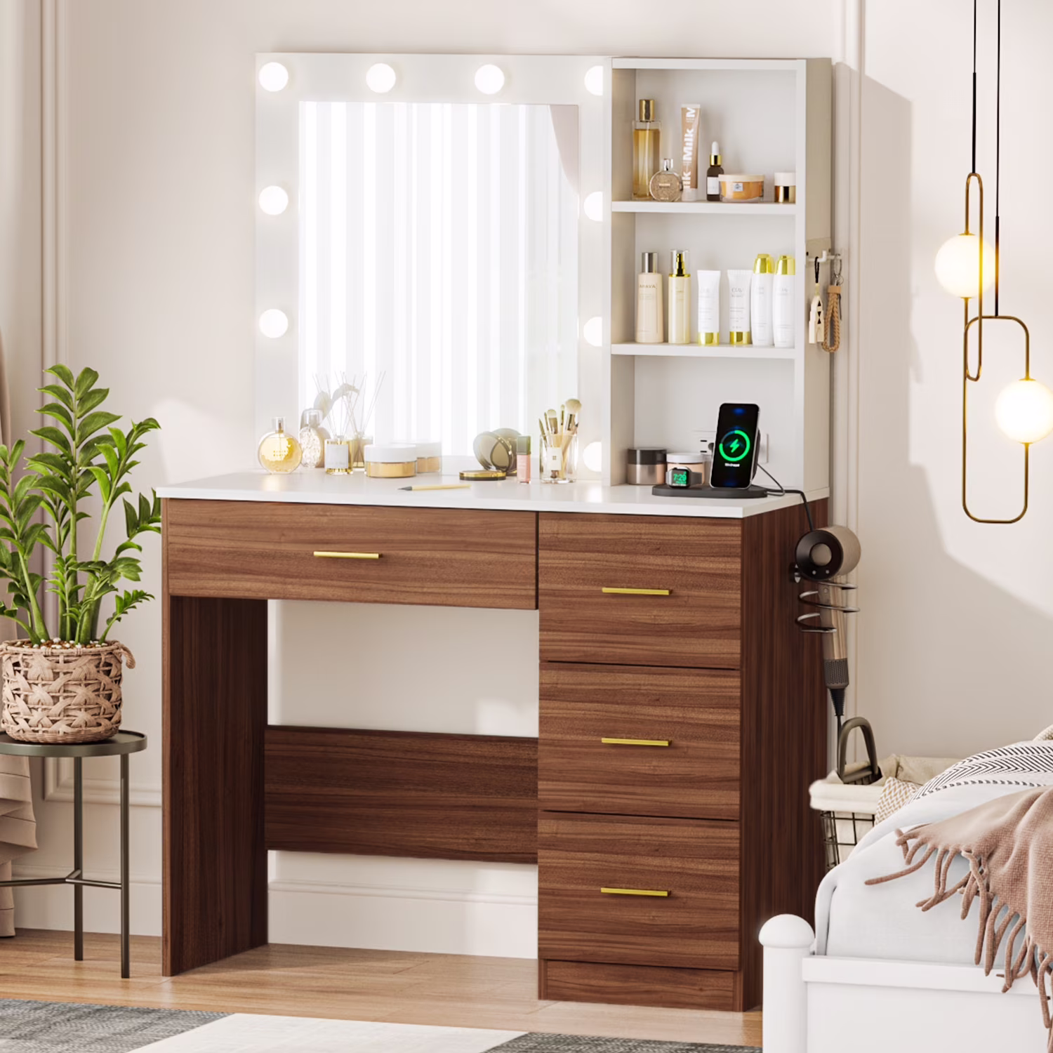 eChamp Makeup Vanity Desk with 3 Color Light & Mirror, Vanity Table with 4 Drawers, Storage Shelf, Power Outlet, Adjustable Brightness Dressing Table, White