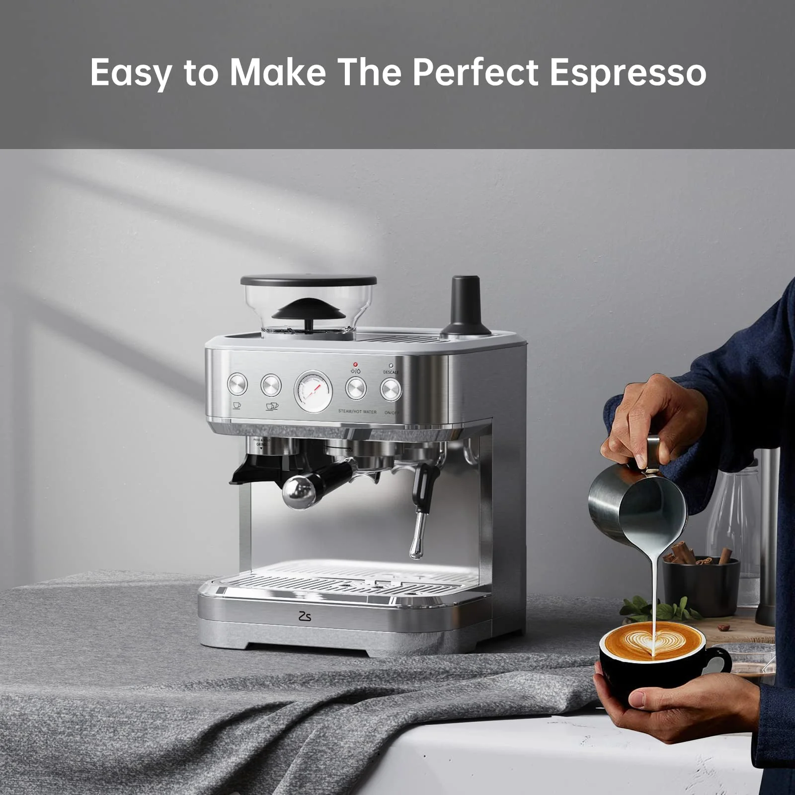 AOILE Espresso Machine with Grinder and Milk Frother �?15 Bar Pump for Cappuccino and Latte, 85oz Removable Water Tank, Stainless Steel, Steam Wand, Auto-Purge Function