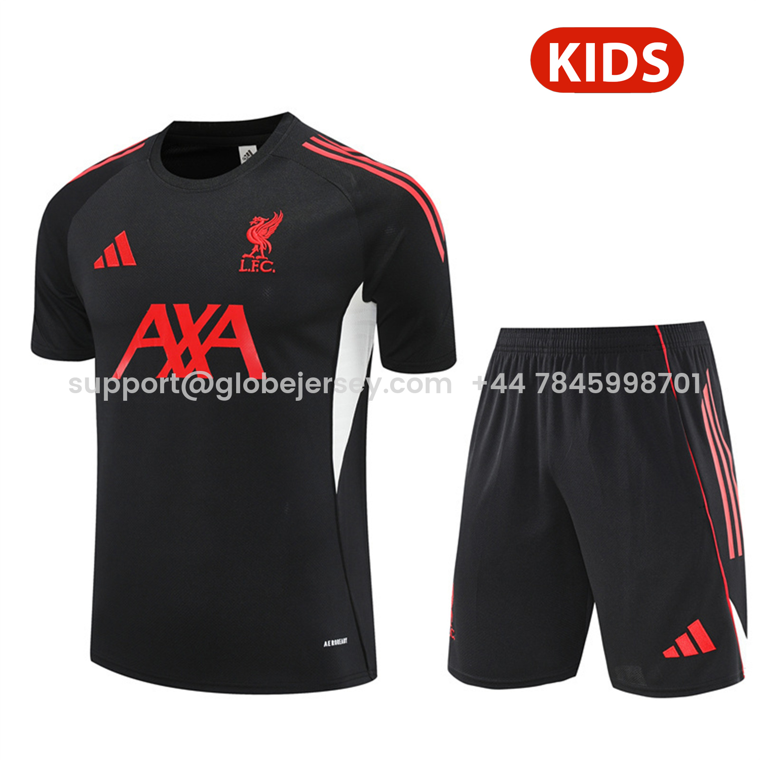 Liver.pool 25-26 Kids Short-Sleeve Training Set - Black Top & Black Shorts