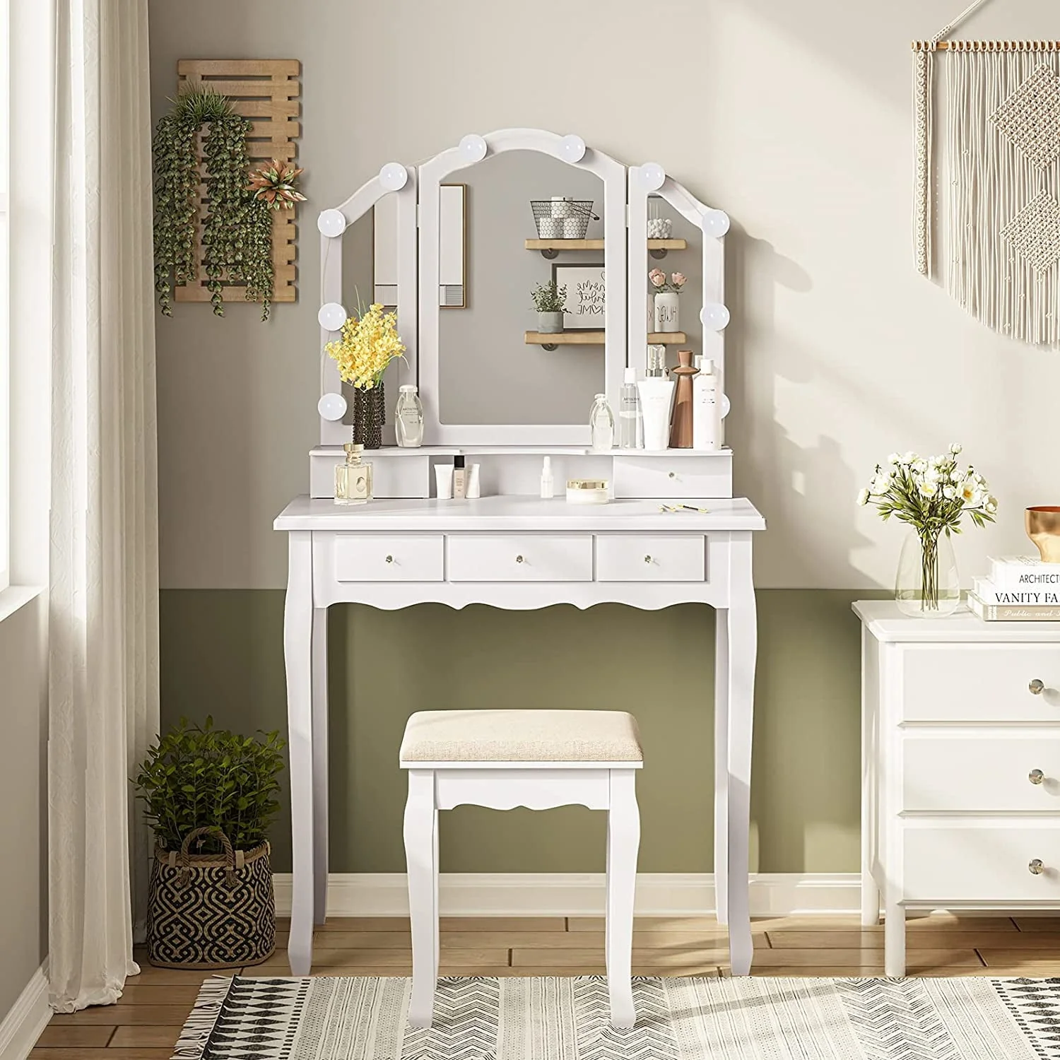Makeup Vanity Set Desk Table with with Lights & Tri-Folding Mirror,Dressing Table with Cushion Stool & 5 Drawers, White