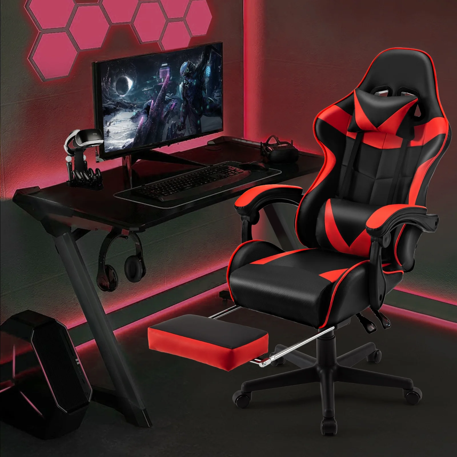 SOONTRANS Green Gaming Chair with Footrest, High Back Gamer Chair with Massage Lumbar Pillow, Gamer Computer Desk Chair (Green)