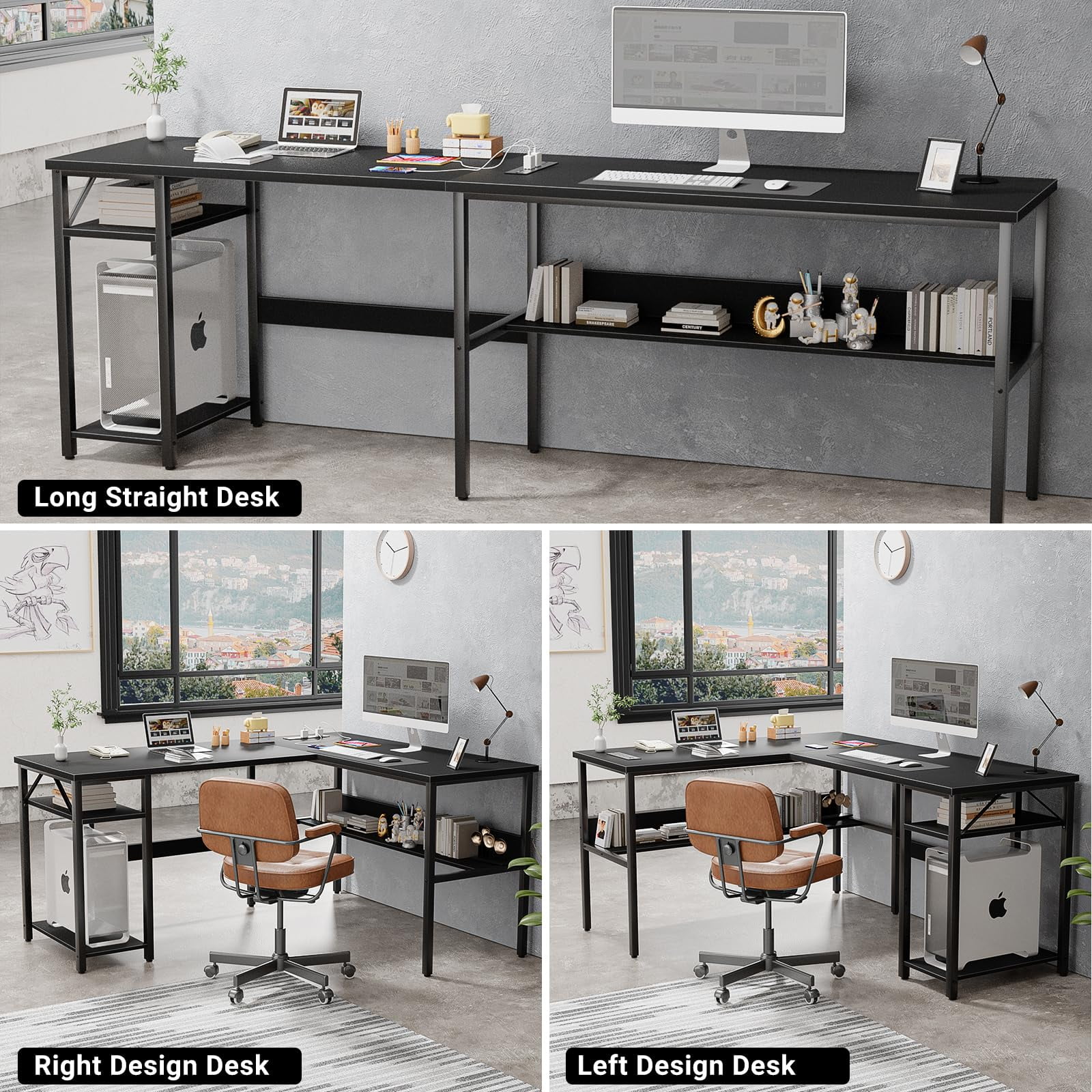 Homieasy Reversible L Shaped Desk with Magic Power Outlets and USB Charging Ports, Sturdy Corner Computer Desk with Storage Shelves, Gaming Table Home Office Desk, Easy to Assemble, Black Oak