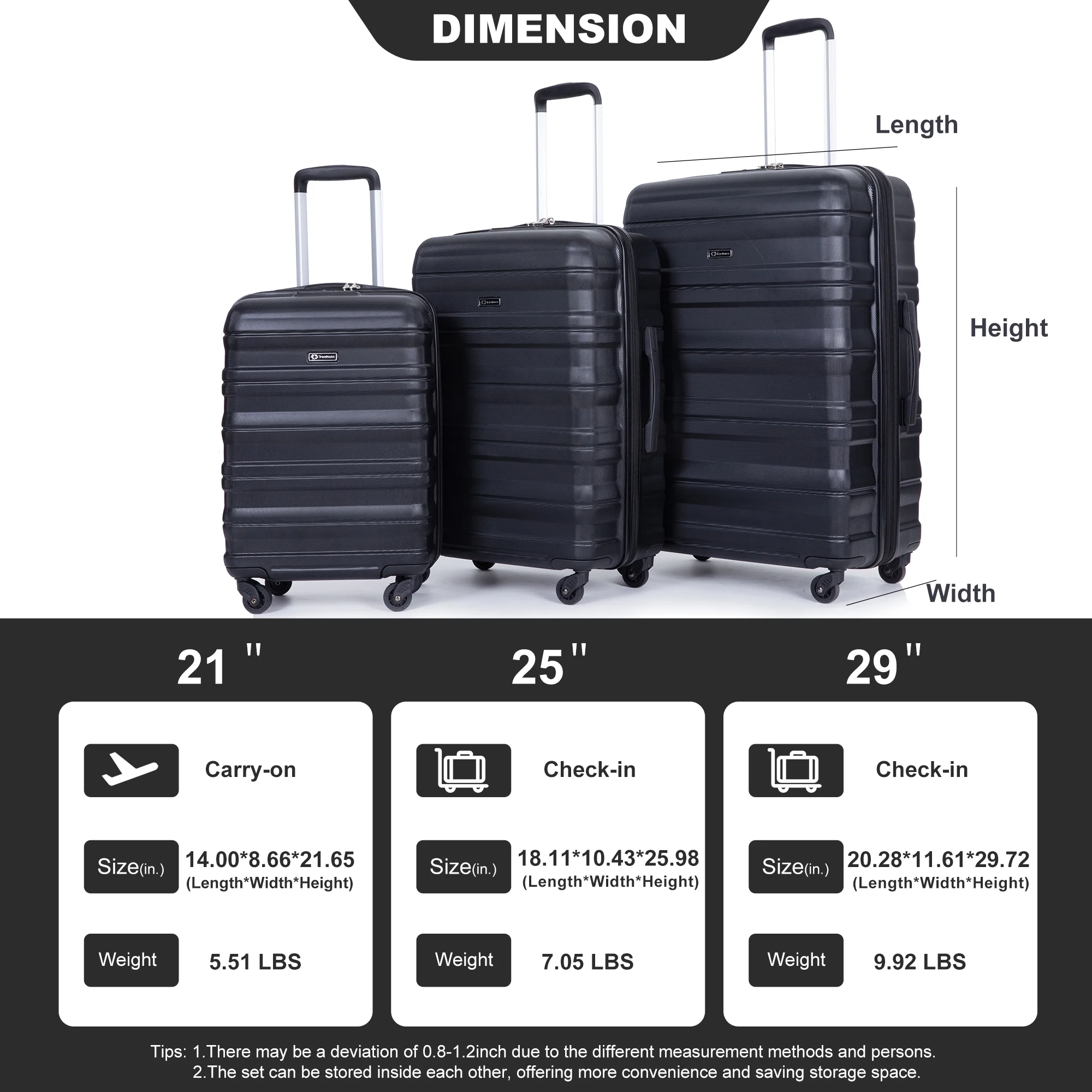 PAPROOS Hardside Luggage Set, 3 Piece 21in 25in 29in Carry on Suitcases Set with 2 Hooks and TSA Lock, Modern Lightweight Luggage Set, Hardshell Expandable Suitcase Set for Family Travel, Black
