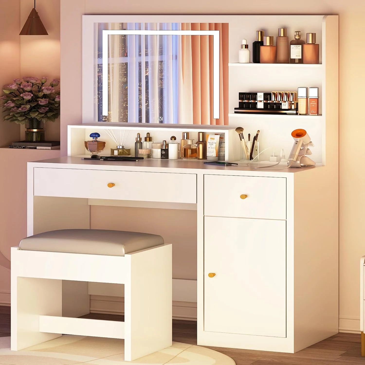 ChVans White Vanity Desk with Lighted Mirror & Charging Station, Vanity Table Set w/3 Storage Shelves,2 Drawers,Storage Cabinet & Makeup Vanity Cushioned Stool(White-37