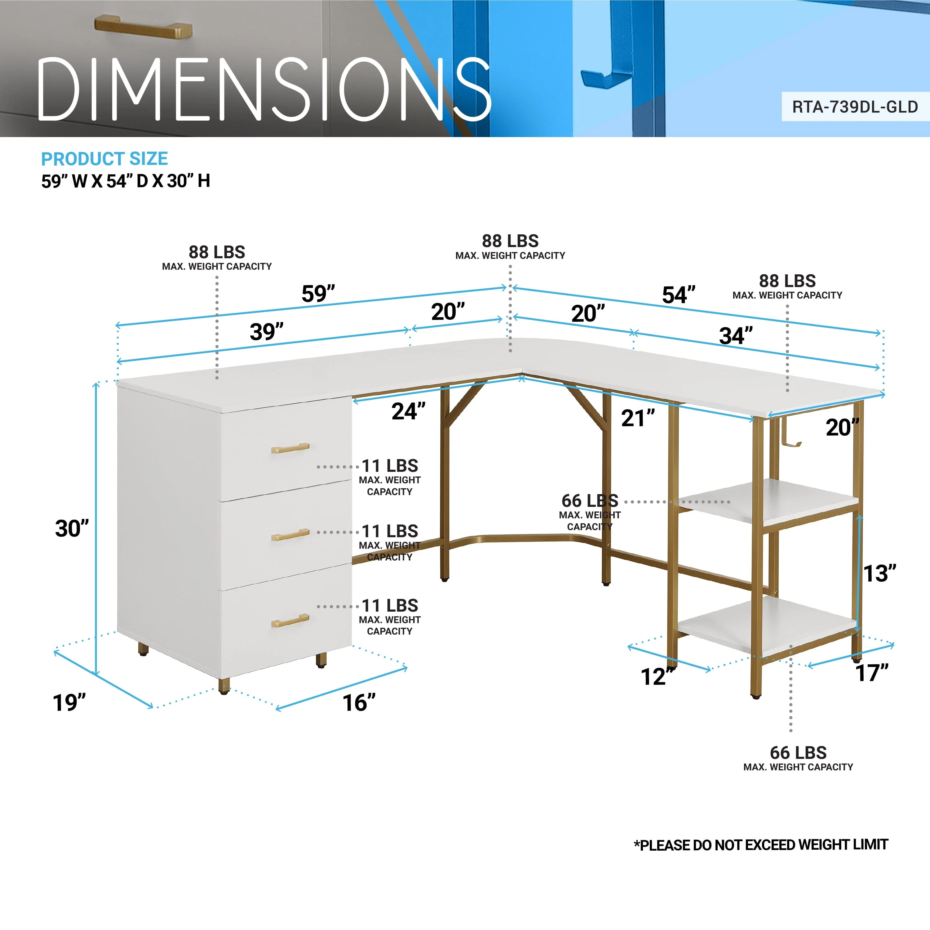 Techni Mobili L-Shape Home Office Desk with Storage, Gold