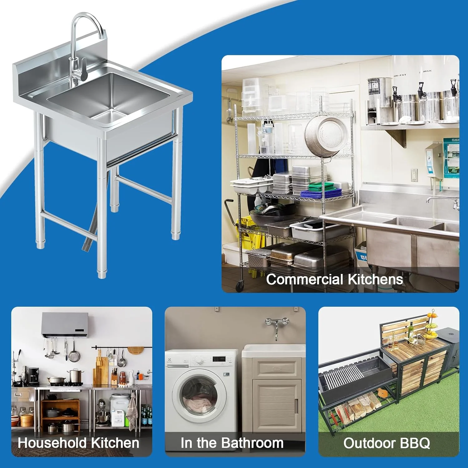 Stainless Steel Sink Utility Sinks Freestanding Single Bowl Laundry Sink with Hot and Cold Water Plumbing for Restaurant, Laundry Room, Garage, Commercial Kitchen