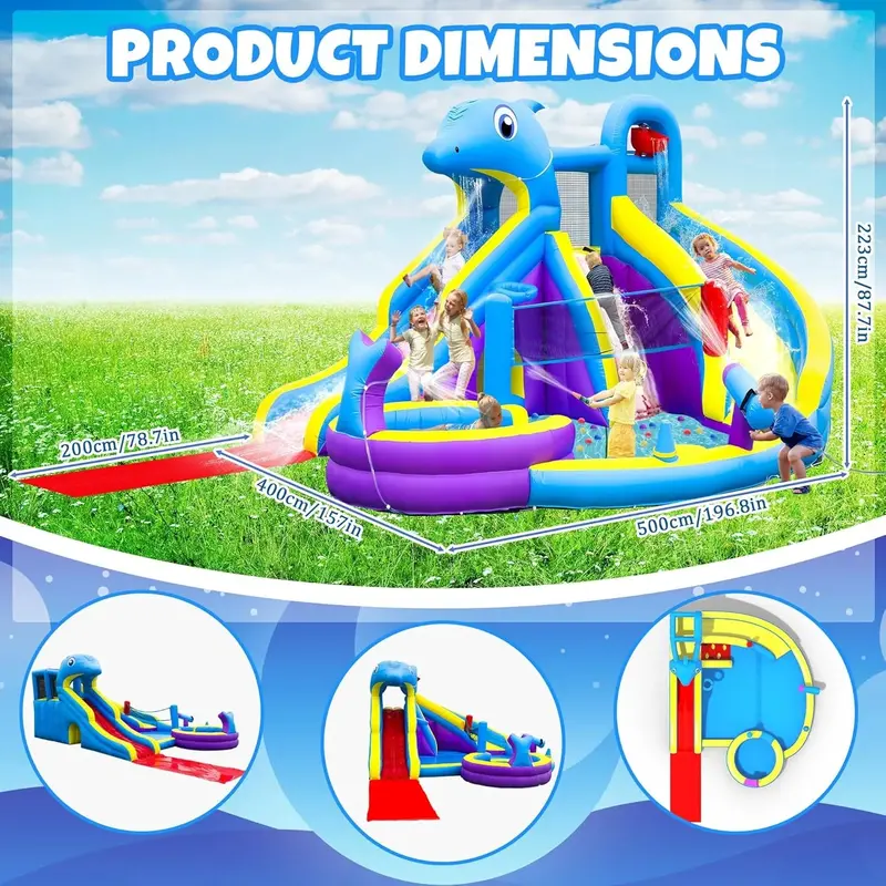 11-in-1 Inflatable Water Play Center – Extra-Large Dolphin-Themed Bounce House with Dual Slides. Climbing Wall. Pool & Water Cannon (550W Blower Included)