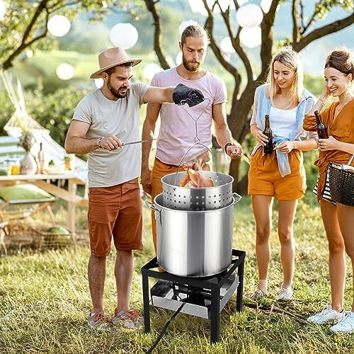 60QT Turkey Fryer & Crawfish Boiler / 150,000 BTU Propane Burner Set, Aluminum Seafood Boil Pot /Basket, Crab Boil Pot, Crab Steaming, Outdoor Cooking Deep Fryer / 10 PSI Regulator & Hose