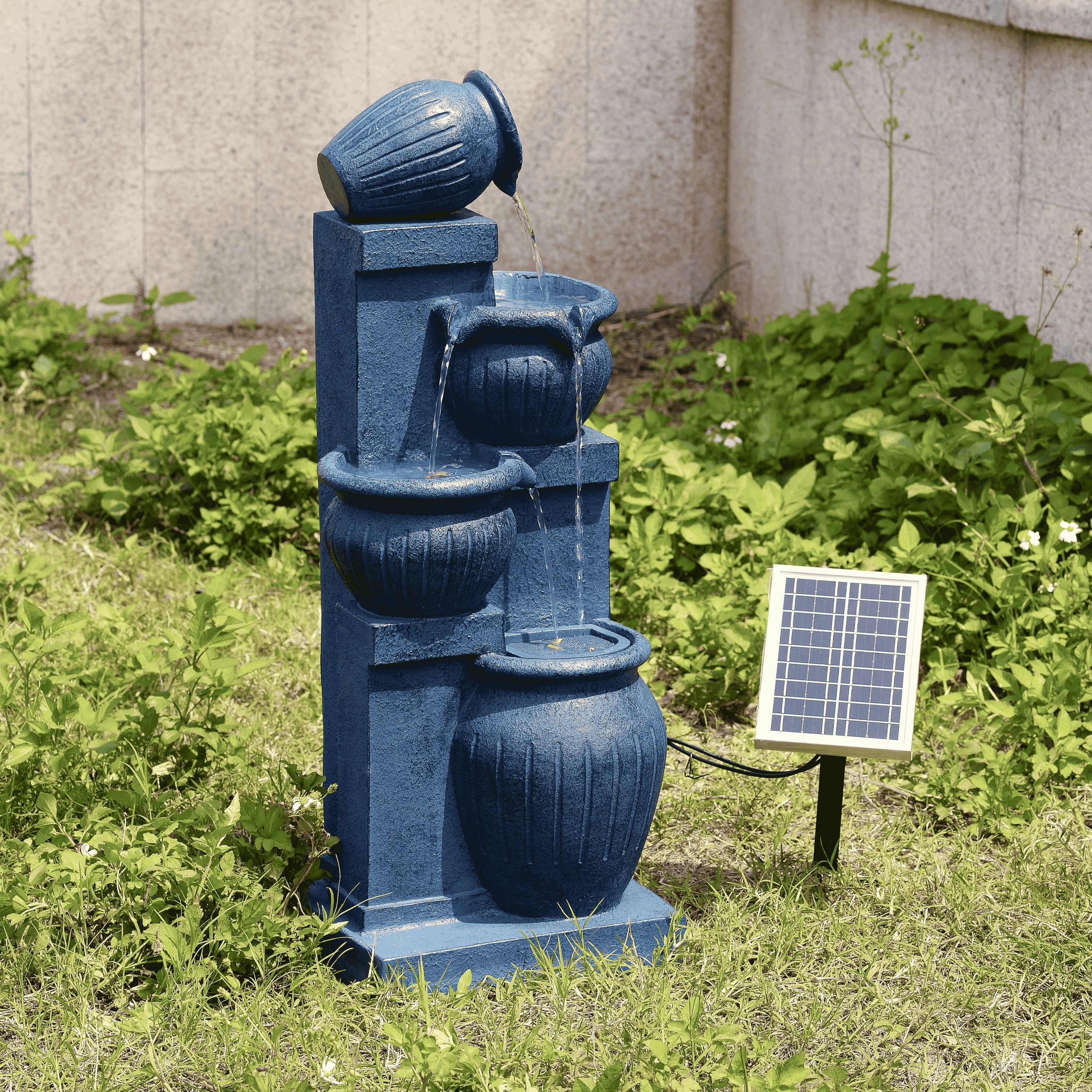 Teamson Home Outdoor Water Fountain with Lights�C 4-Tier Cascading Bowl Design with LED Light & Solar Pump, Solar-Powered Water Fountain Outdoor Garden, Yard, or Patio D��cor, Navy Blue