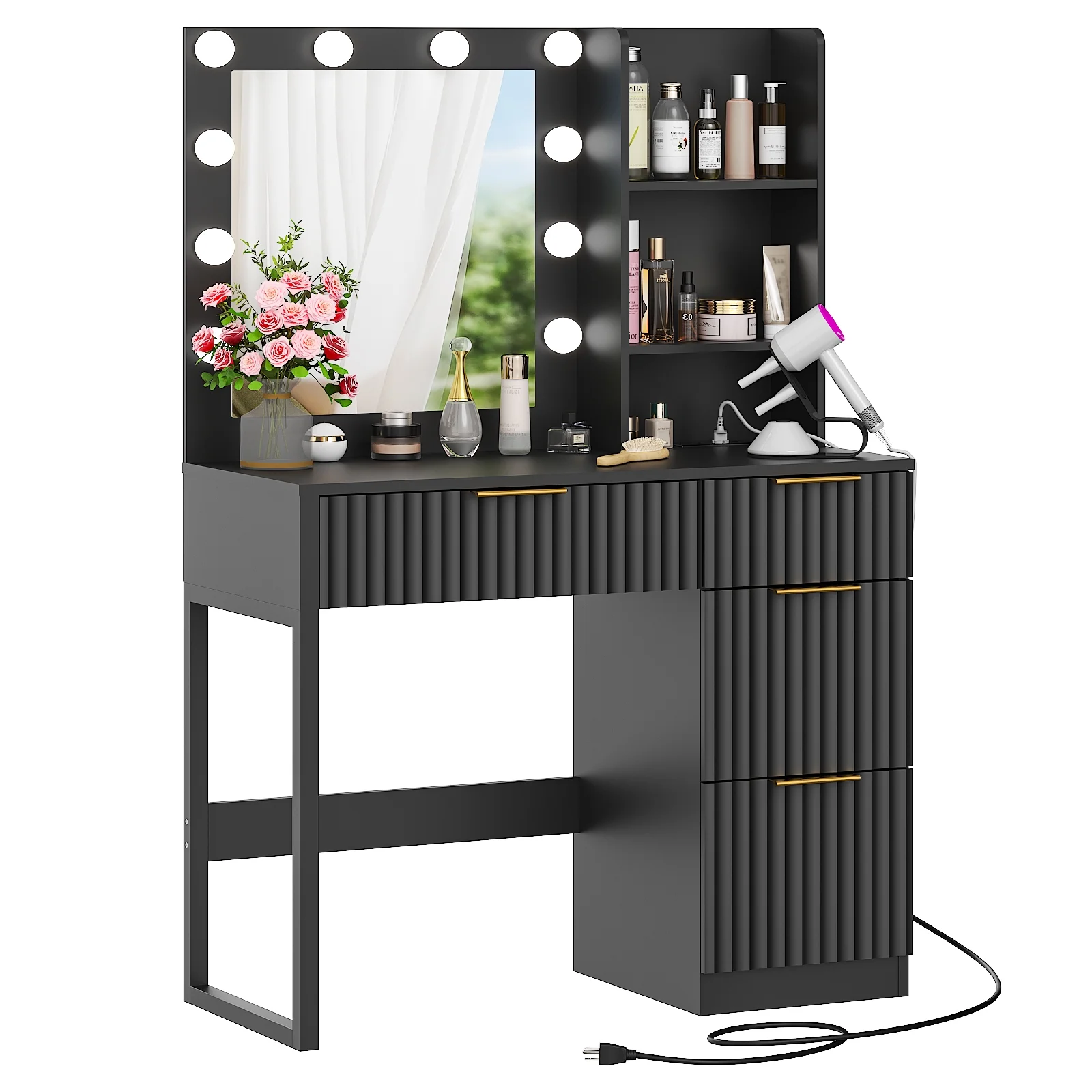 Ktaxon Vanity Set with 3 Color Lighted Mirror, Makeup Table with 3 Storage Shelves & Drawers, Dressing Table Makeup Desk with Stool,White