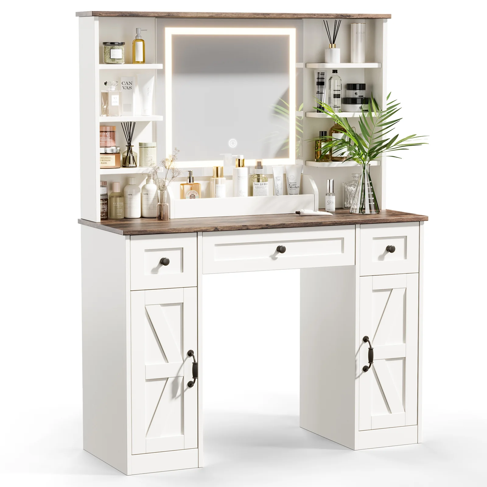 Vanity Desk with Chair, White Makeup Desk Set with Mirror & LED Lights, Vanity Table with Power Strip, 2 Drawers, 4 Shelves