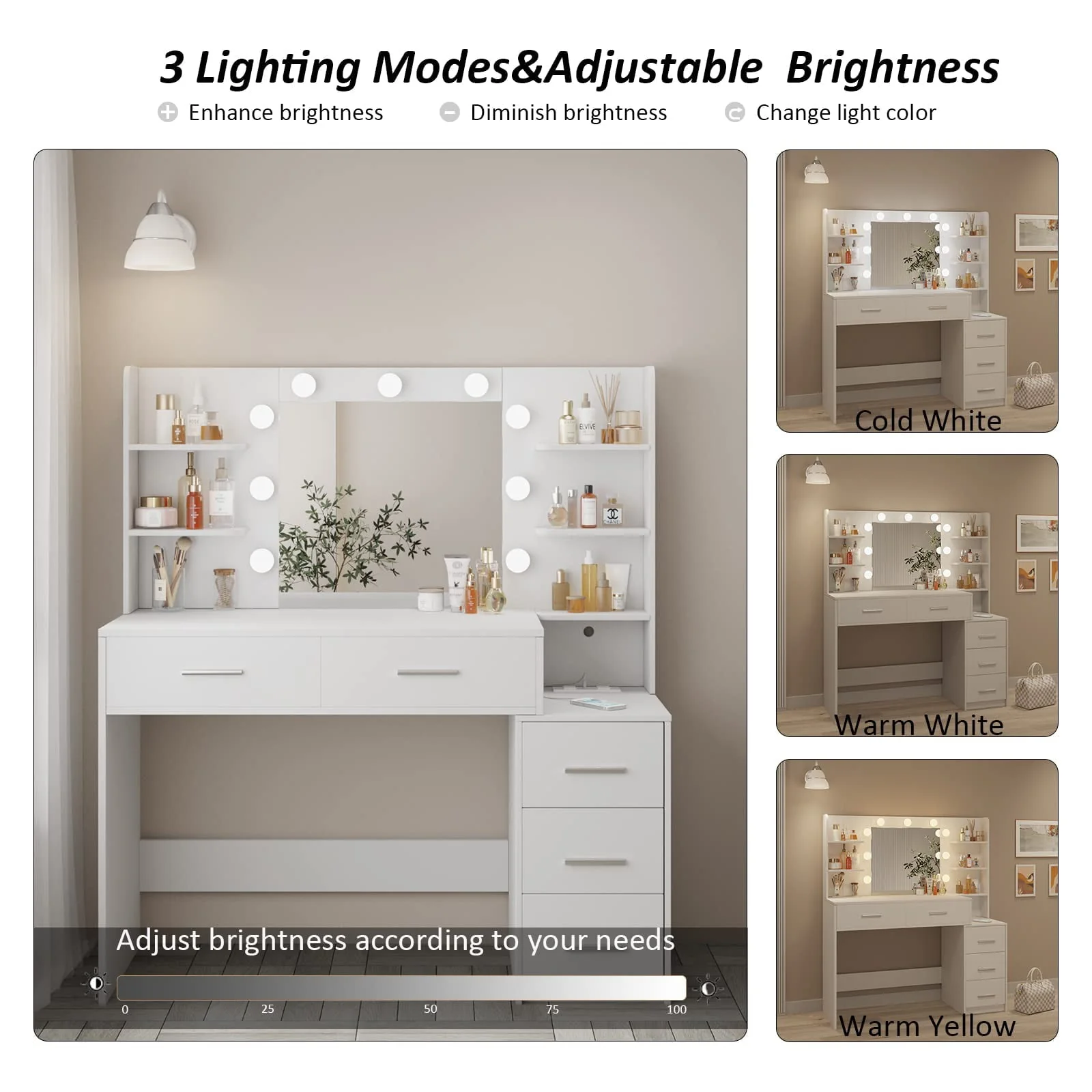 Makeup Vanity with Mirror and Lights,3 Lighting Colors,Bedroom Vanity Table with Charging Station,White Make Up Desk with 5 Drawers Storage and Open Shelves