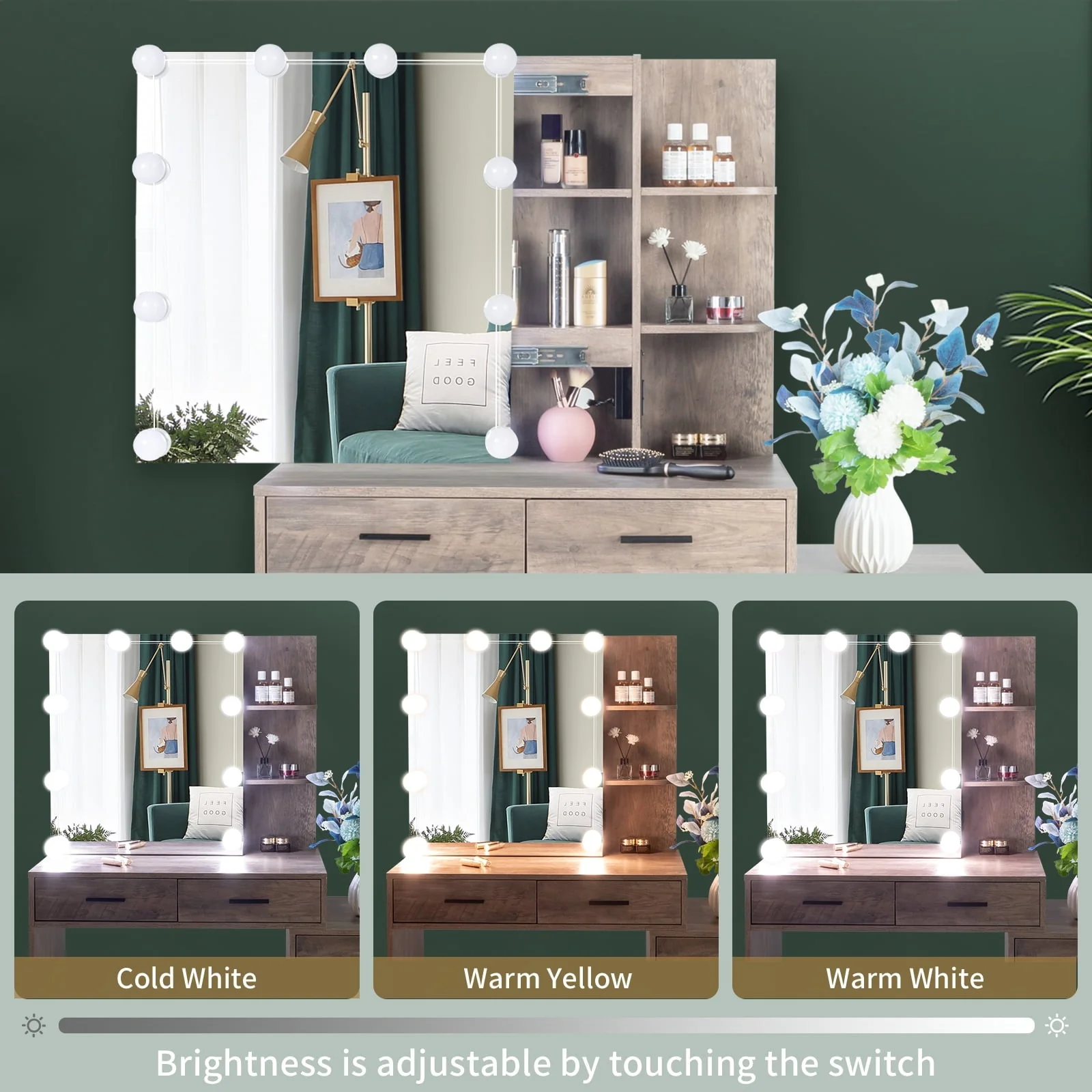 Ktaxon Vanity Set with 3 Color Lighted Mirror & Charging Station, Makeup Table with 3 Storage Shelves & Drawers, Dressing Table Makeup Desk with Stool,Retro Gray