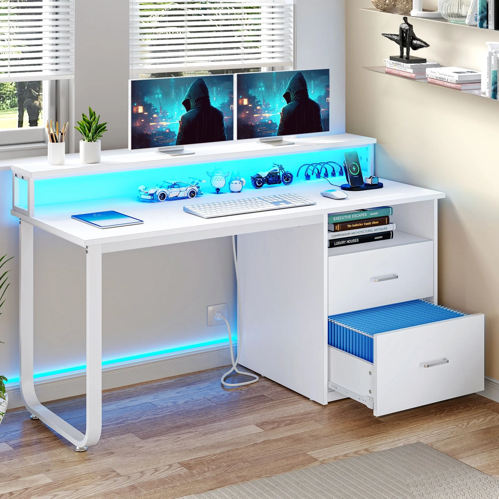 TDUKDB 47/55   Inch Home Office LED Computer Desk with File Drawer and Power Outlets. Ideal for Home Office  Study  Stable Design, Stylish  Simple-inch-Brown  White