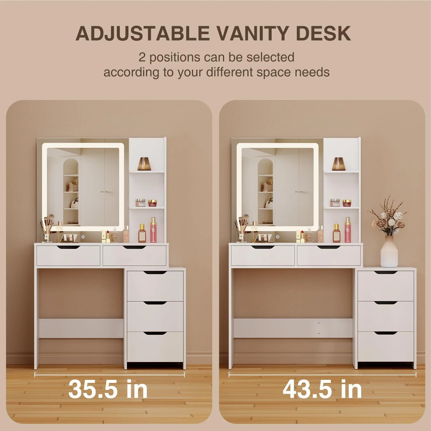 Makeup Vanity Desk with Mirror and Lights, 43.5�� Vanity Table with 5 Drawers & Storage Shelves, White