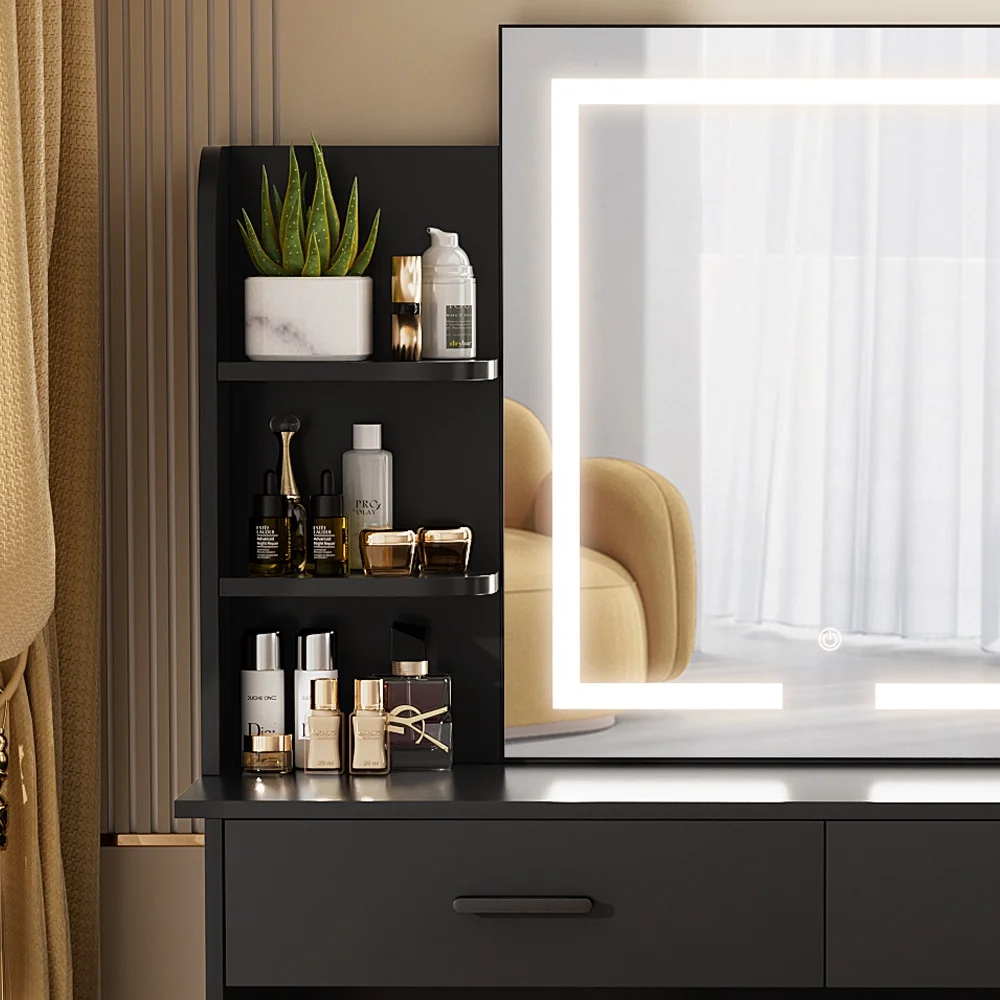 RichYa Modern Makeup Vanity Set with Lights Mirror and Drawers,White Makeup Desk,Dressing Table