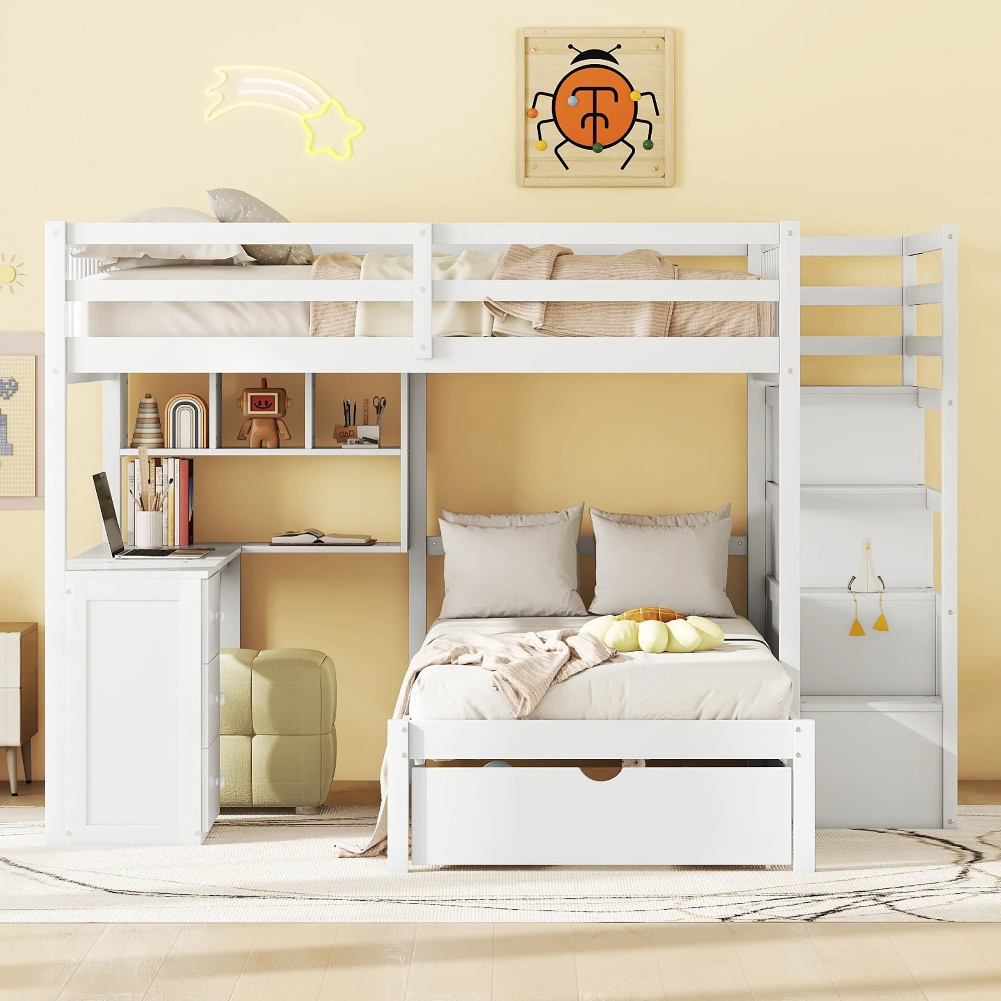 Harper & Bright Designs Full Over Twin Bunk Bed with Desk, Drawers and Shelves, L-Shaped Bunkbeds with Storage Staircase for Adults Bedroom, White