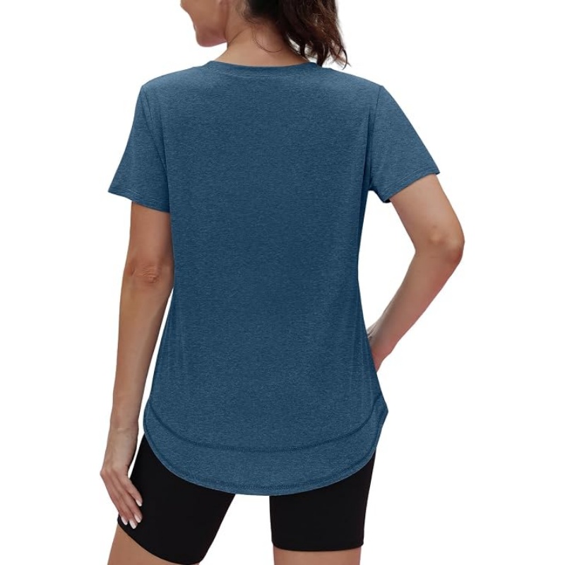 Women's Crew Neck Curved Hem Heather Fabric Workout Tops, UPF 50+ Sun Protection Quick Dry Short Sleeve Athletic Shirts S-L for Hiking Running