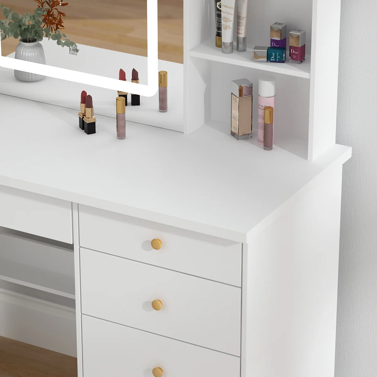 MONSLIPA Makeup Vanity Desk Set w/ Light, Sturdy Dressing Vanity Table with Bench, Shelves & Drawers