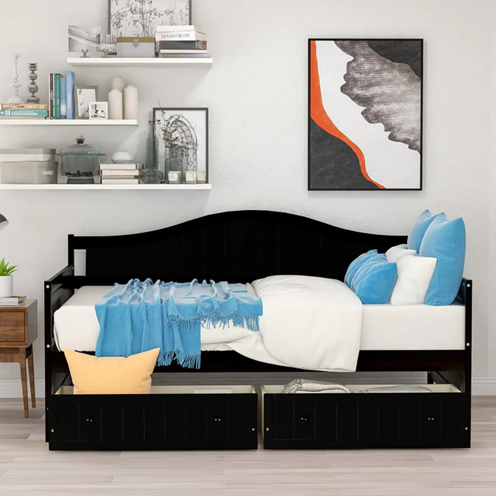 Daybed with 2 Drawers, Twin Wooden Daybed with Storage Drawers and Wood Slat Support Space-Saving Sofa Bed Multifunctional Daybed, No Box Spring Needed for Bedroom Living Room, Espresso