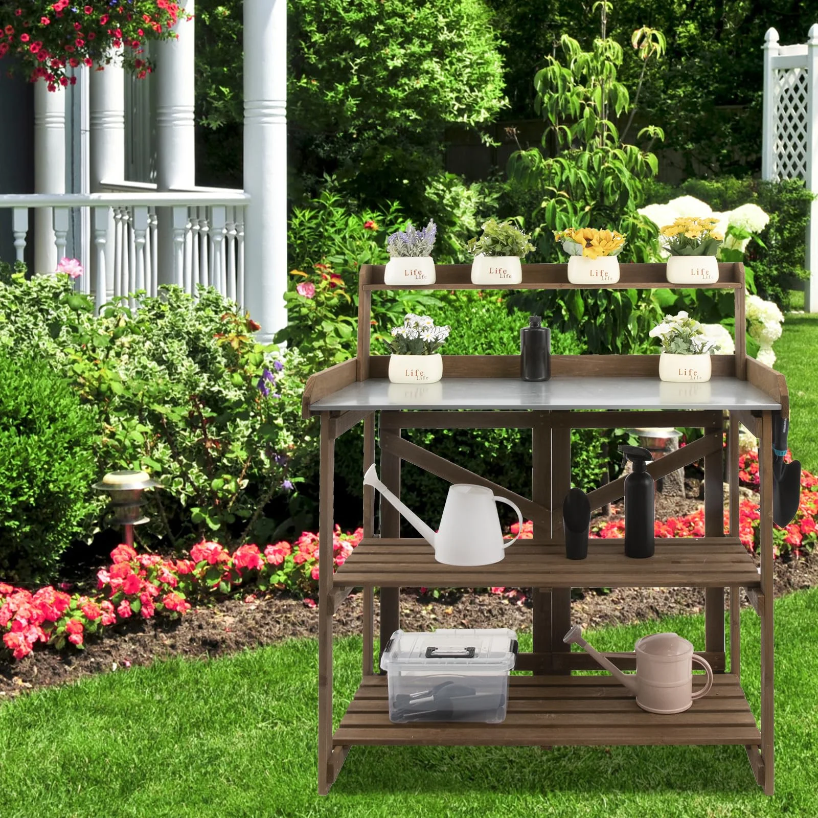 PETSCOSSET Outdoor Wooden Folding Potting Bench Table, Fir Wood Garden Workstation with Galvanized Tabletop, 2 Tier Storage Shelves, Brown