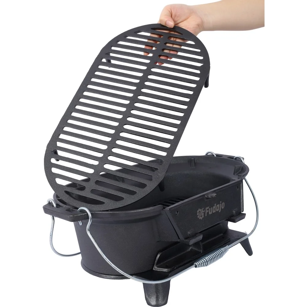 IVV Oval Cast Iron Grill Stove with Handle - Outdoor Camping Charcoal Grill, Portable Tabletop Cast Iron Skillet - Small Hibachi Grill for Outdoor Barbecues Camping Traveling
