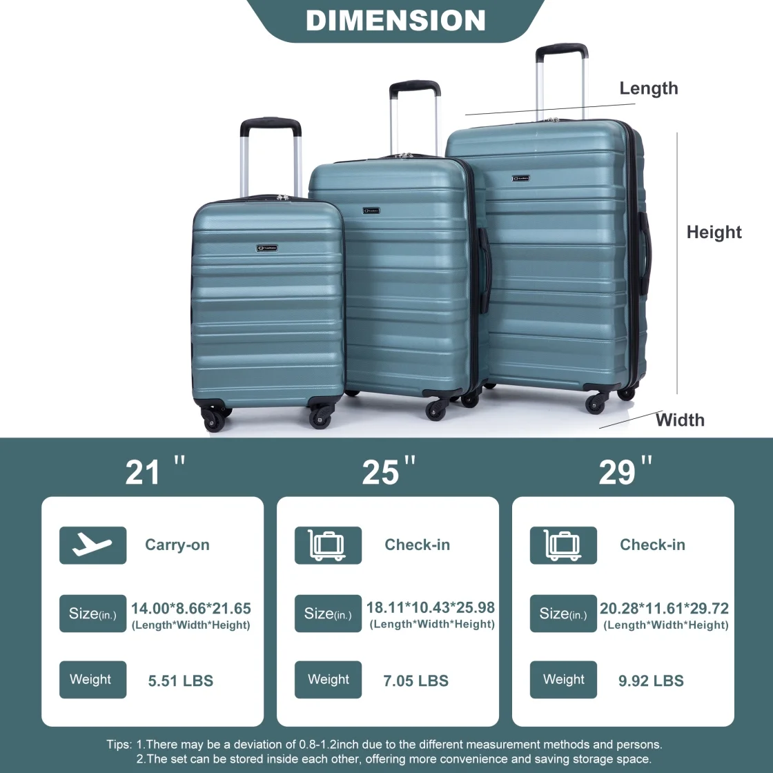 3 Piece Luggage Sets, PC Lightweight Durable Expandable Suitcase with 2 Hooks and TSA Lock, Suitcases with Wheels,21in 25in 29in,Gray