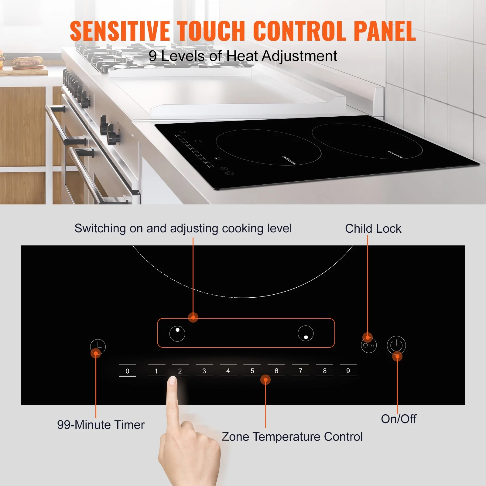 KFFKFF Induction Cooker, Dual Burners, 12'' Electric Stove, Integrated Magnetic Cooking Surface 1800W, 9 Stage Heat Adjustable Burner, LED Touch Interface with Child Safety & Excessive Heat Safeguard