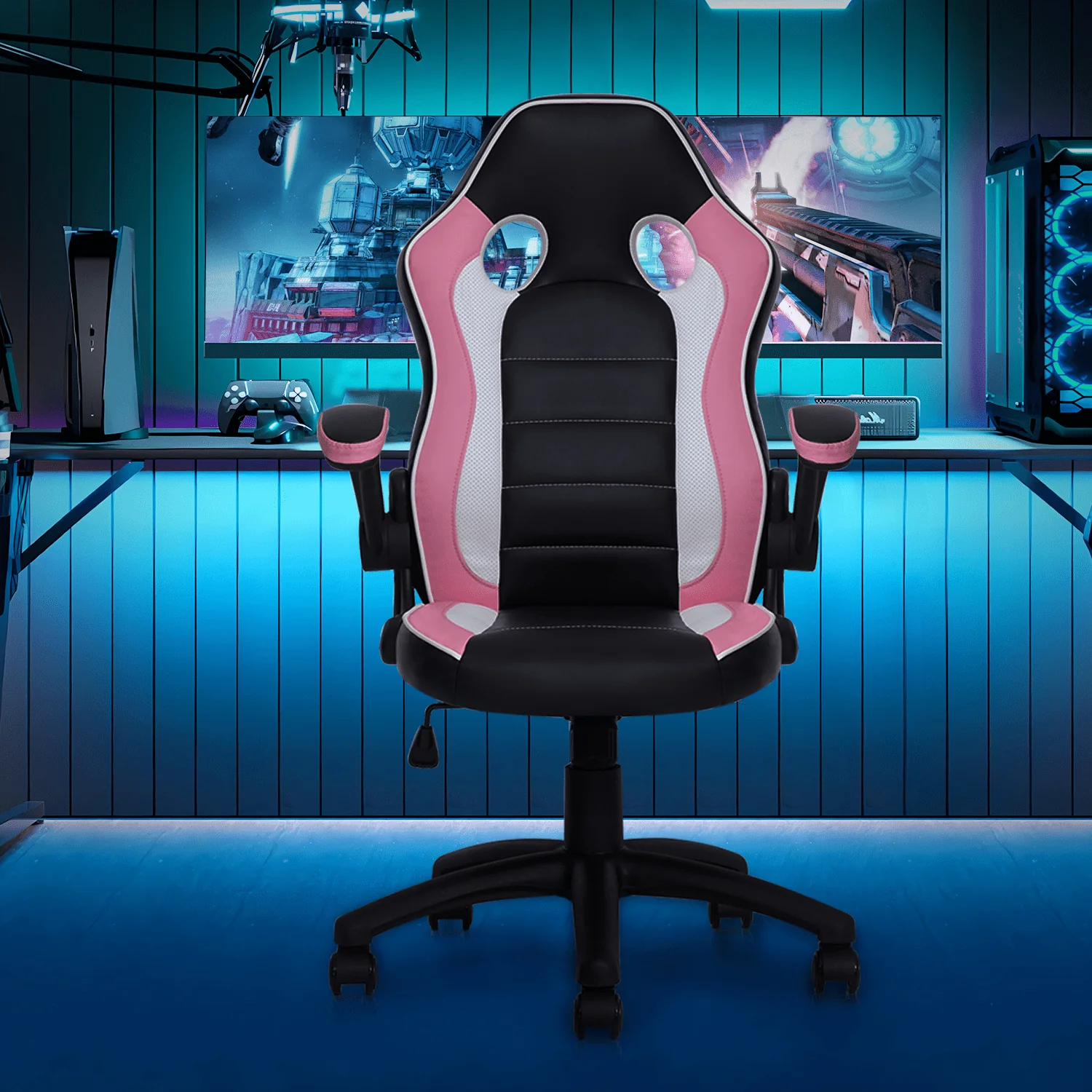 MoNiBloom PU Leather Computer Gaming Chair, with Flip-Up Arms Working Desk Office Seat, Black/Pink