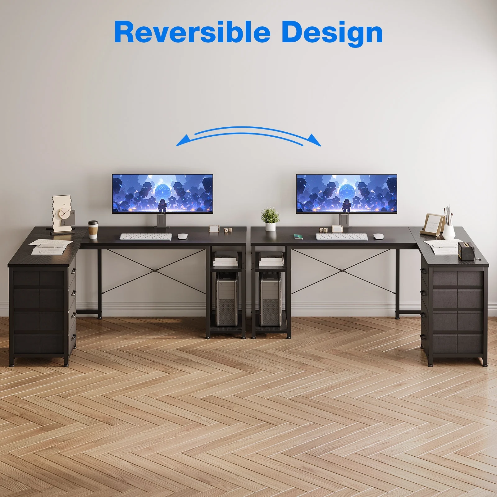 Reversible Modern Simple Style L Shaped Desk with Charging Station and Drawers, Pure Black