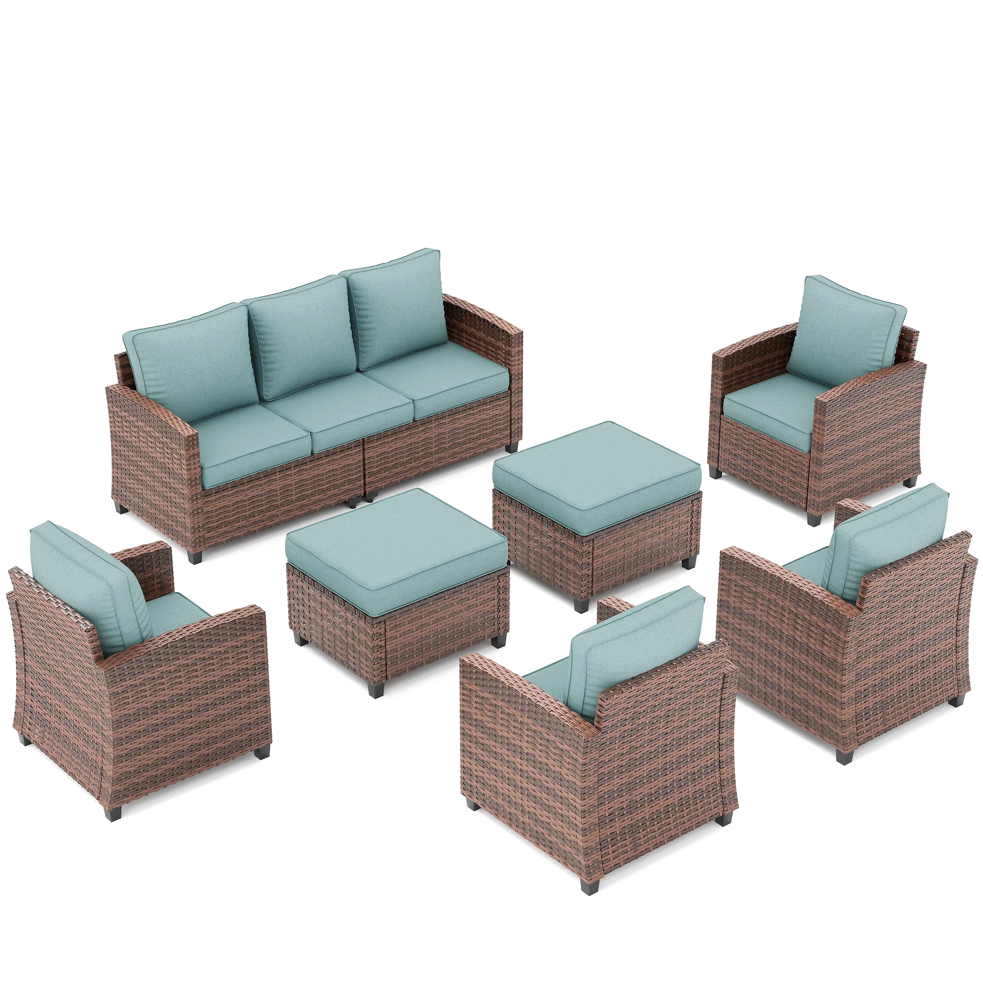 POTEBAN Patio Furniture Set, 7 Pieces Outdoor Sectional Sofa Couch with Chairs, Ottomans and Comfy Cushions, All Weather Wicker Rattan Patio Conversation Set for Garden Backyard Dark Grey