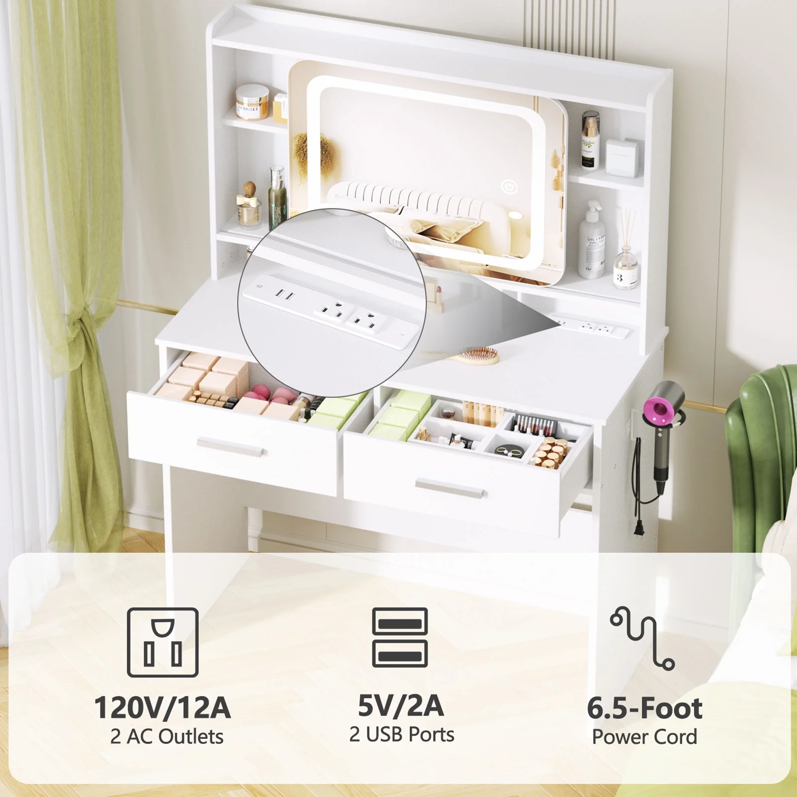 Satifur White Vanity Desk Set with Mirror and Lights, Makeup Table with Charging Station, Comfortable Bench, Big Vanity with 3 Storage Compartments, 39.4in