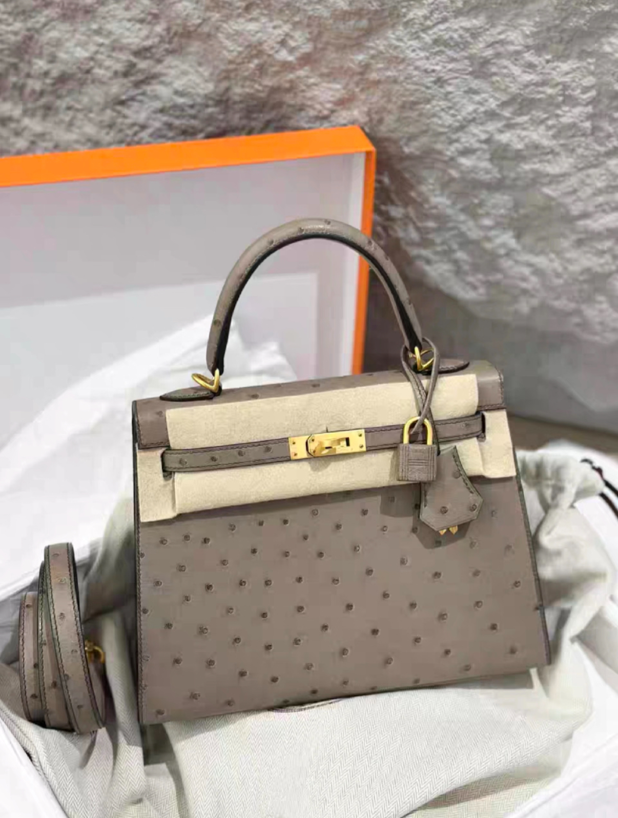 Hermès Kelly 25-28 Galaxy Grey gold buckle ostrich leather