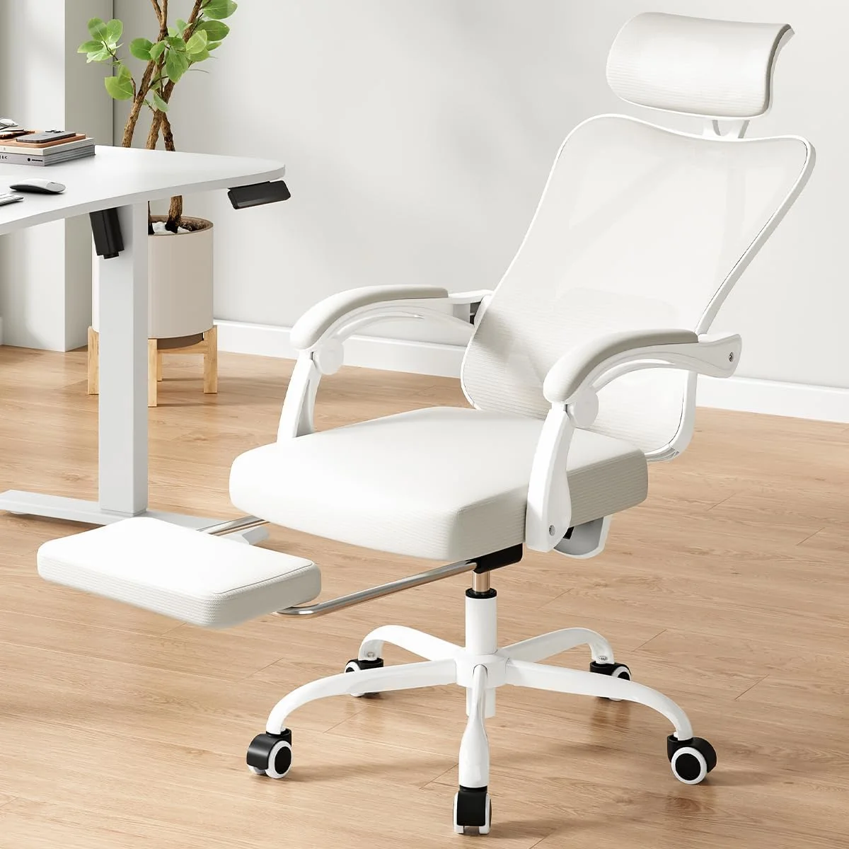 STARY Ergonomic Office Chair with Footrest, High Back Mesh Desk Chair with Adjustable Headrest & Lumbar Support, Comfortable Computer Chair for Home Office Study, White & Beige