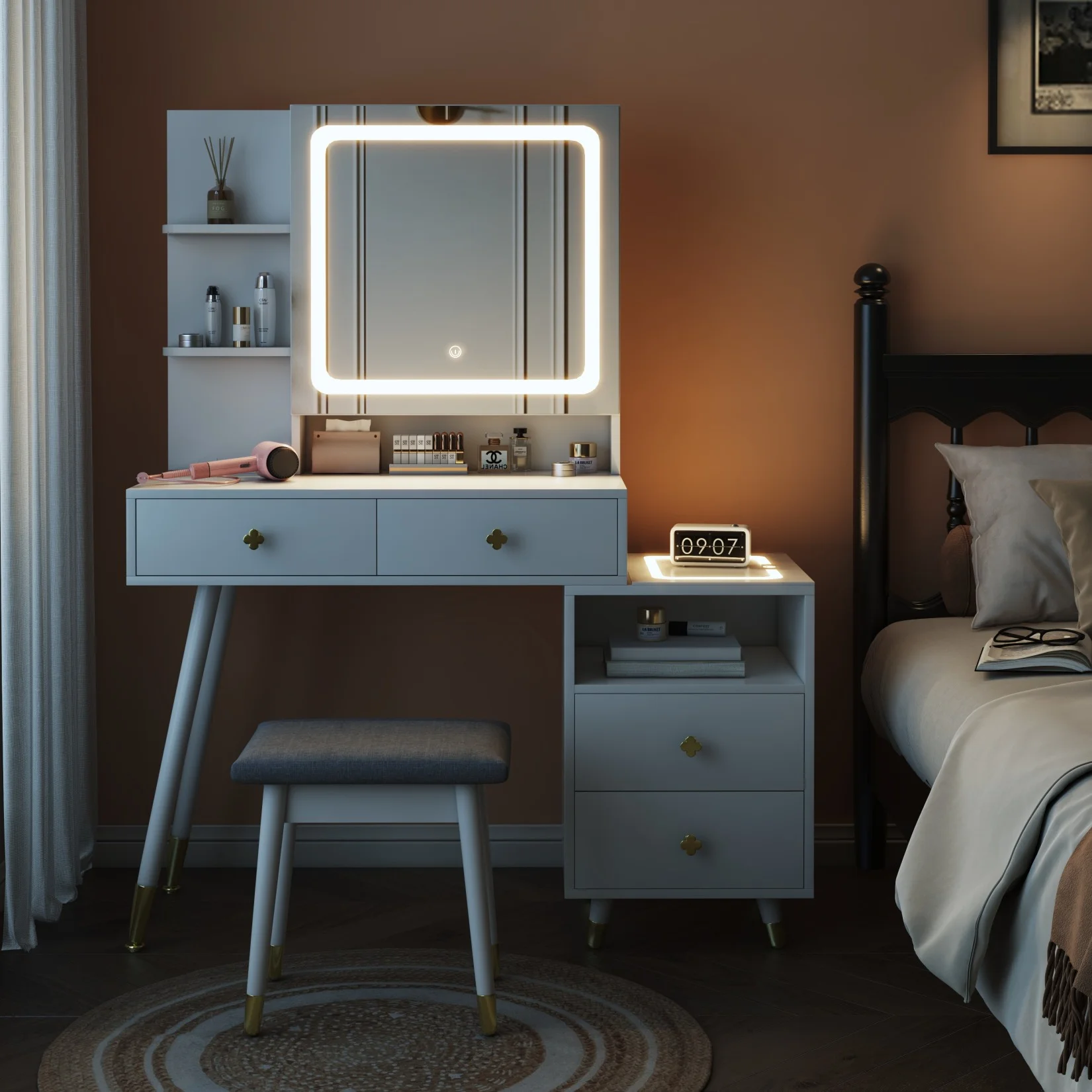 Black Bedroom Makeup Vanity Set, Vanity Desk with Light, Mirror and Cushioned Stool, Modern Makeup Dressing Table for Girls, Wife, Daughter, Mother, Adjustable Light Brightness