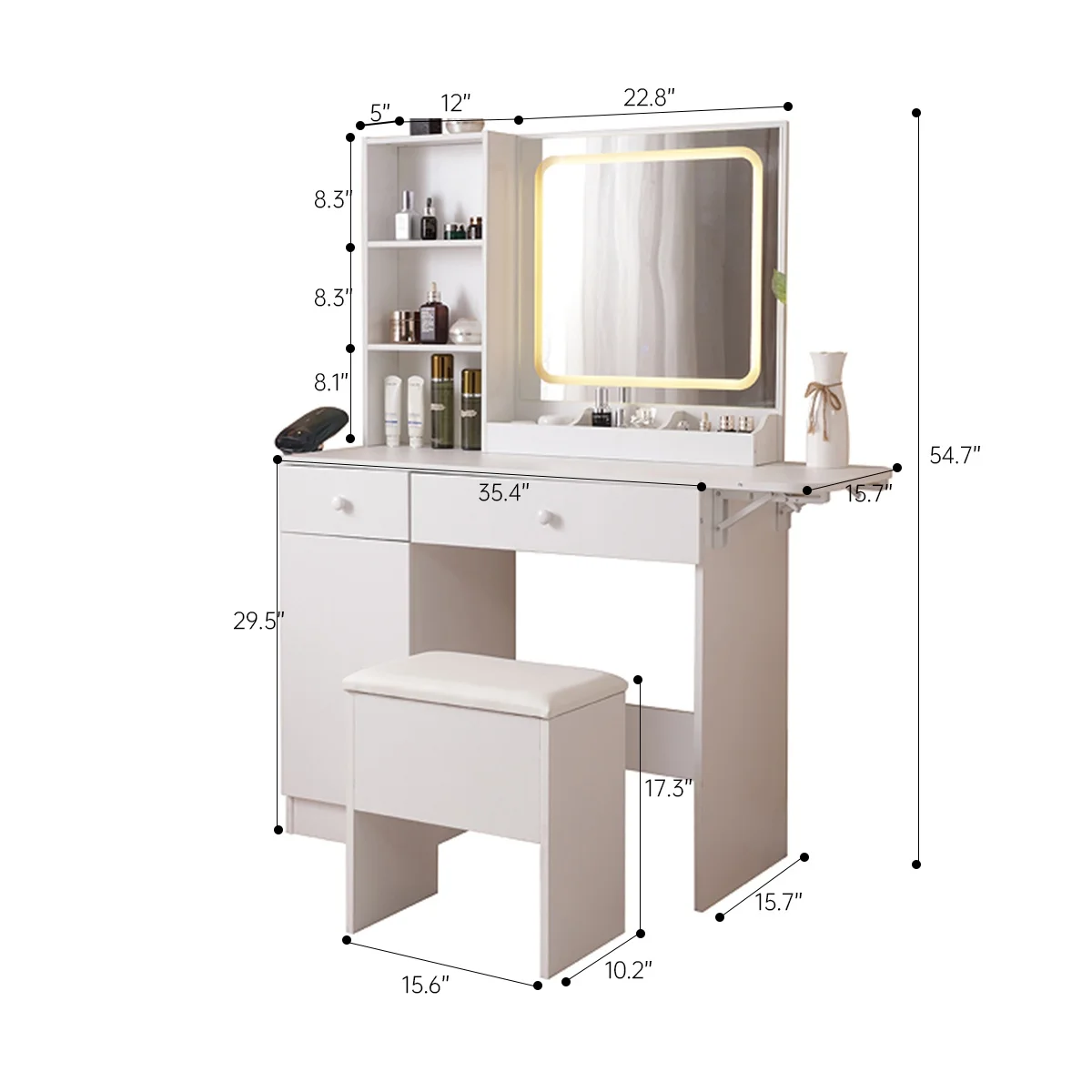 PORKISS Makeup Vanity Desk with Mirror & Lights, Vanity Table Set with Power Outlet & Hair Dryer Rack, Modern Dressing Table for Bedroom with 2 Drawers, Storage Cabinet and Storage Stool, White