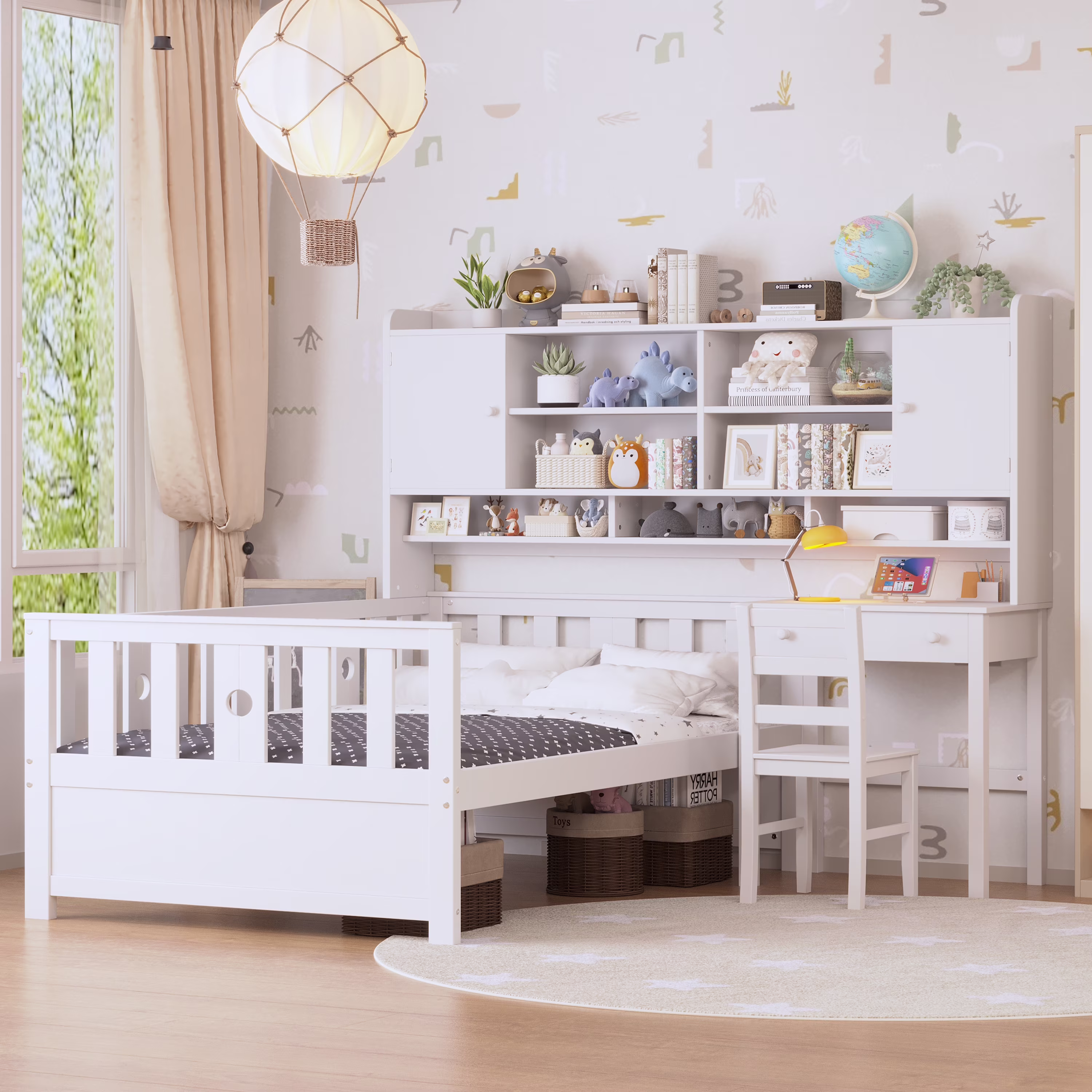 Euroco Wood Twin Size Platform Bed with Desk and Shelves, Table and Chair Set for Kids, Natural